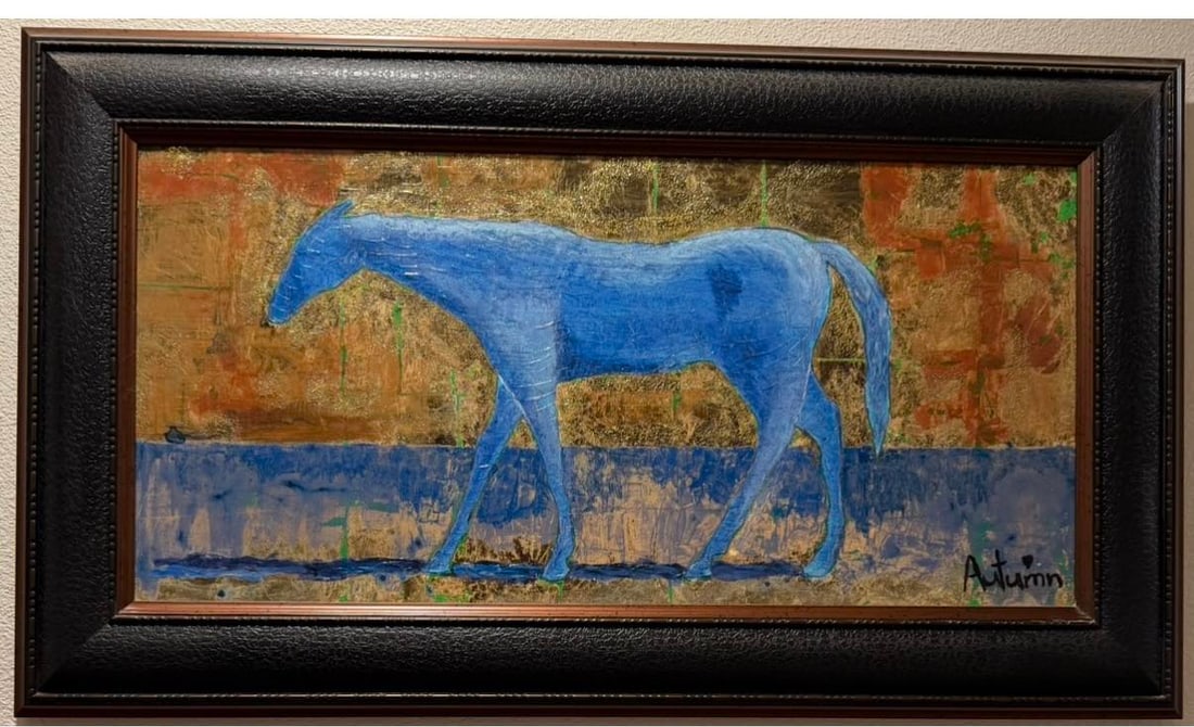 Autumn De Forest Gold Horse: Autumn De Forest "Golden Horse" 2014 14 3/4" x 30" image size Giclee in color with hand embellishment on canvas. Hand-signed in pigment by the artist. Gallery framed, COA, CMK