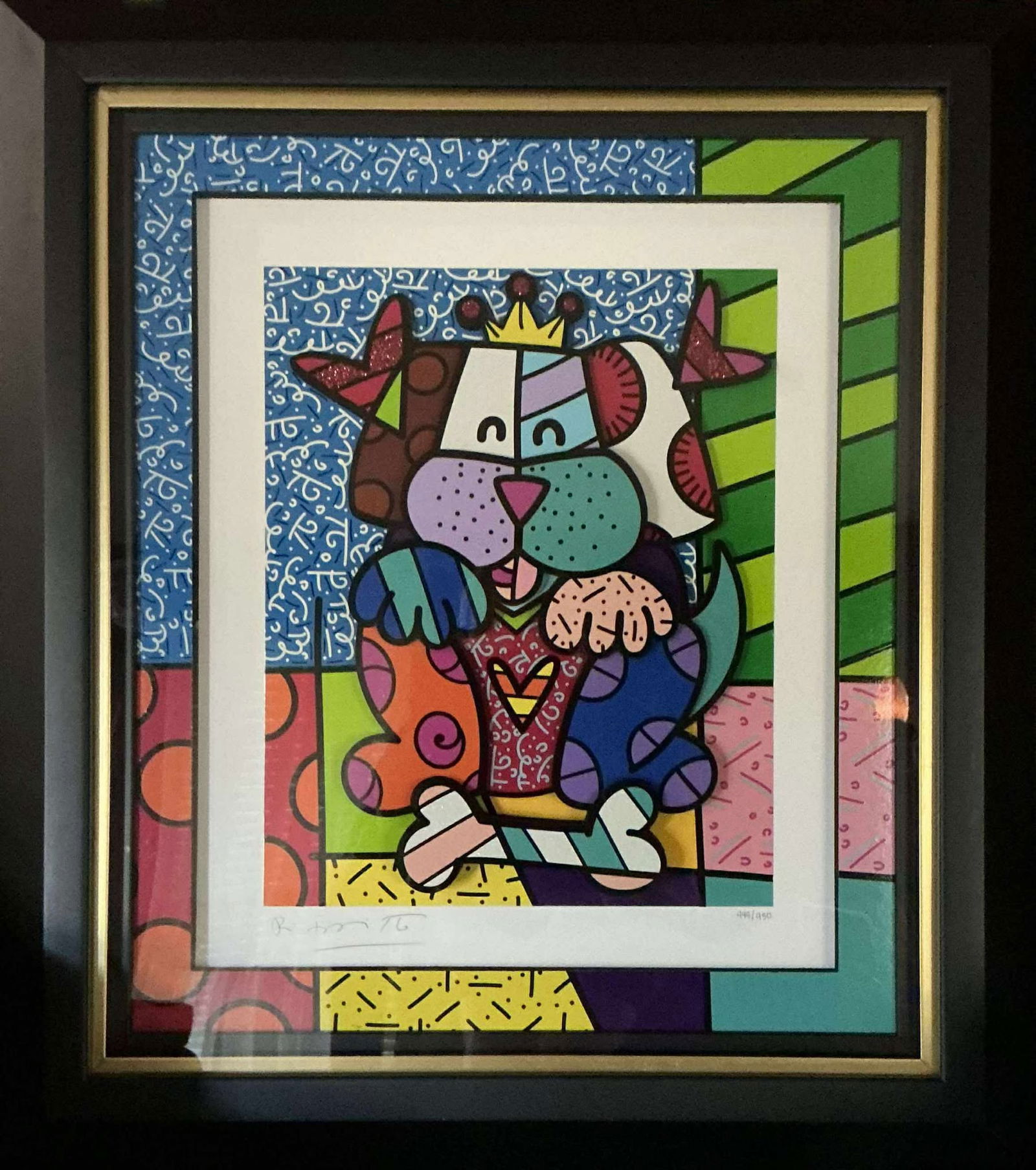 Romero Britto Unconditional: Romero Britto "Unconditional" 2017 21" x 18" image size Three-dimensional serigraphy construction in color with cut-outs in serigraphy. Signed in pencil lower left. Gallery framed, COA, Appraisal KF