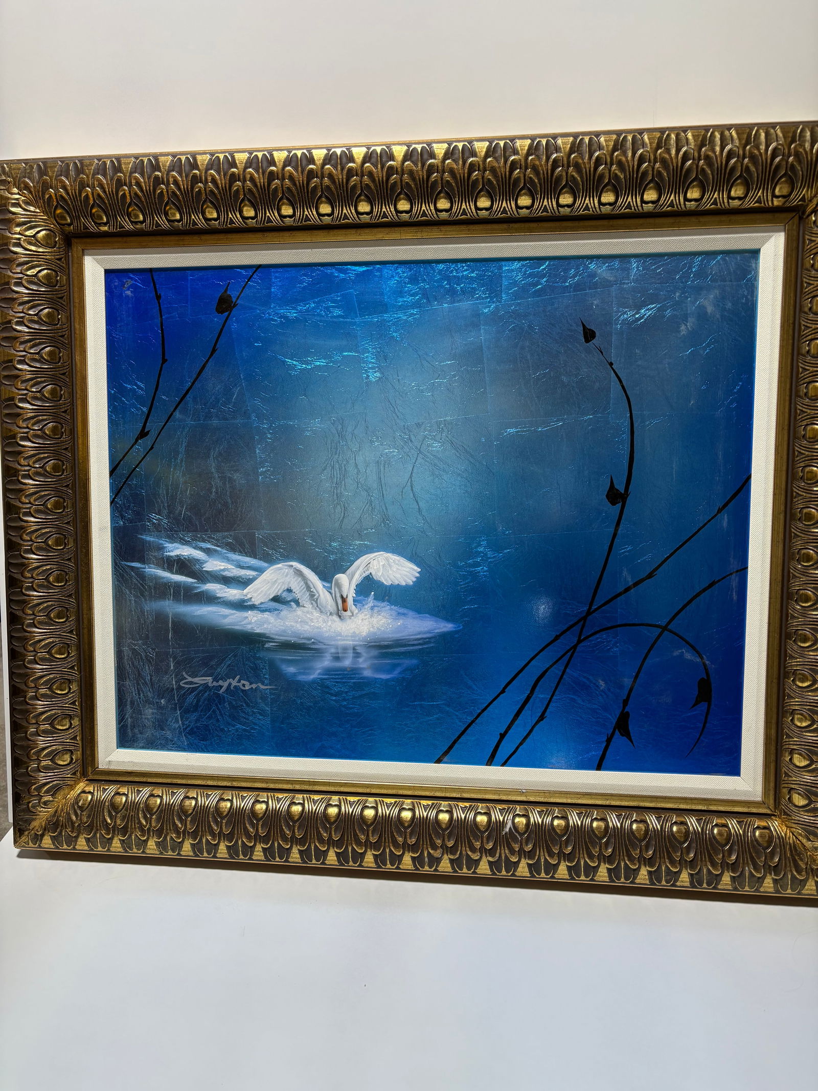 Patrick Guyton Reflective: Patrick Guyton Reflective Swan on foil. 21.5" x 27.25" image size unique. Gallery framed, no paperwork