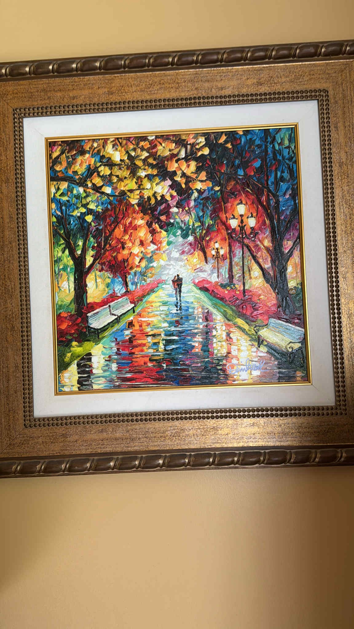 Daniel Wall Spring Night: Daniel Wall "Spring Night" 2017 18" x 18" image size Giclee in color with hand-embellishment on canvas. Hand0signed in pigment lower right by the artist. Gallery framed, COA