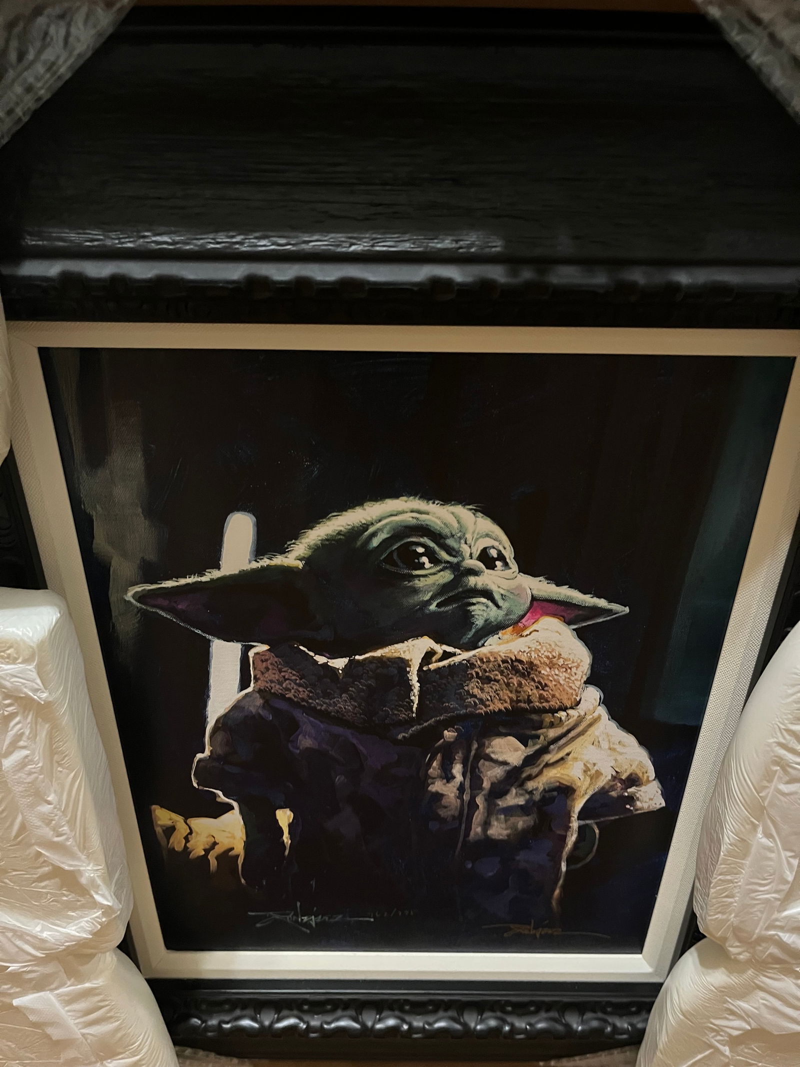 Rodel Gonzelez Protect Me: Rodel Gonzalez "Protect Me" 2022 18" x 14" image size Giclee in color on canvas. Hand-signed in pigment lower right byt the artist. Gallery framed, COA, Appraisal. WC