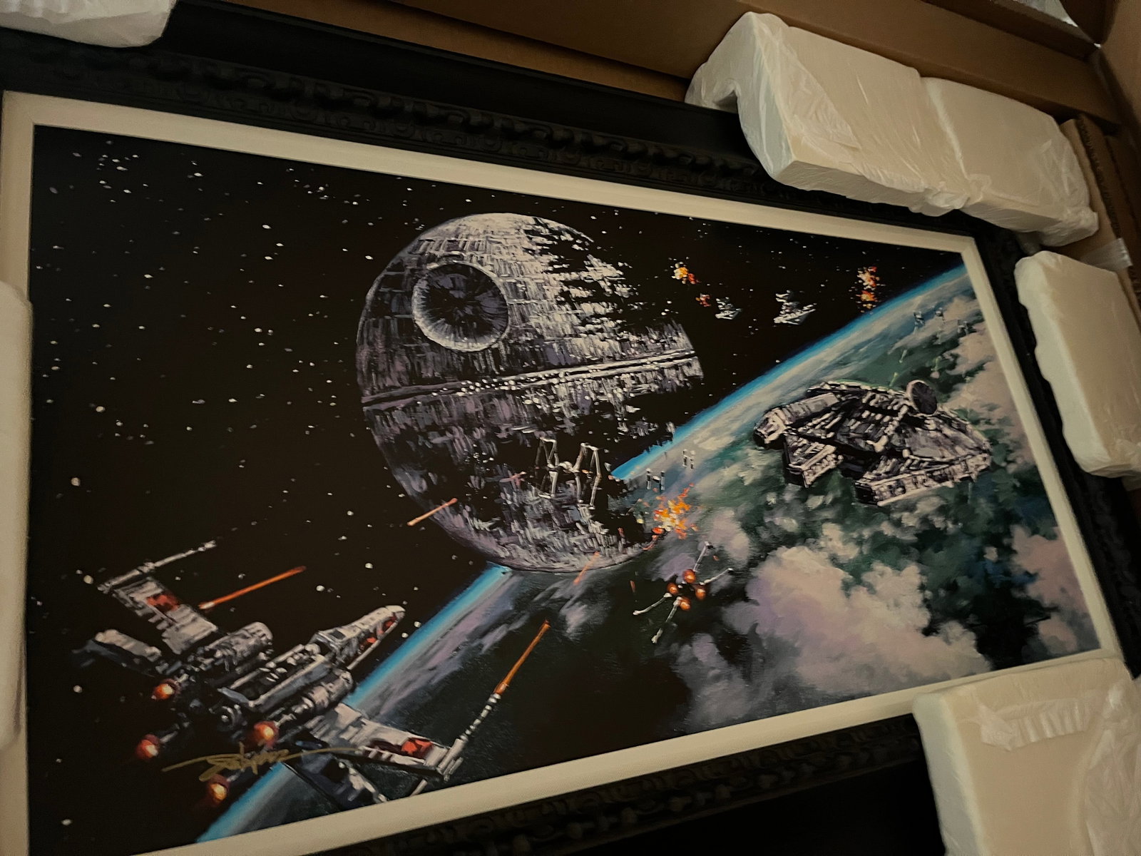 Rodel Gonzalez Battling the Death Star: Rodel Gonzalez "Battling the Death Star" 2022 18" x 36" image size Giclee in color on canvas. Hand-signed in pigment lower left by the artist. Gallery framed, COA, appraisal, WC