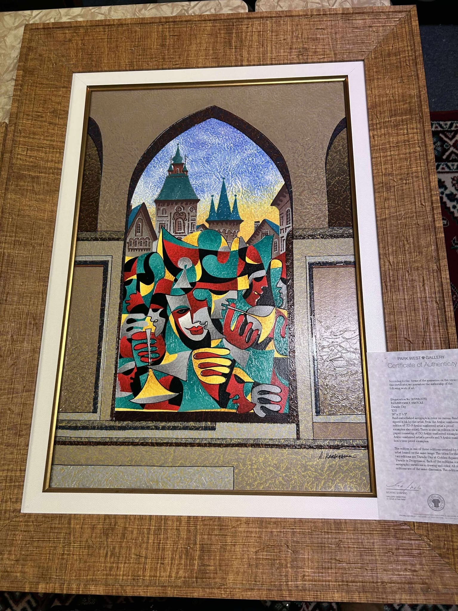 Anatole Krasnyansky Parade Day: Anatole Krasnyansky "Parade Day" 2011 26" x 17 1/2" image size Hand-embellished serigraph in color on canvas. Hand-signed in ink by the artist. Gallery framed, COA, CR.