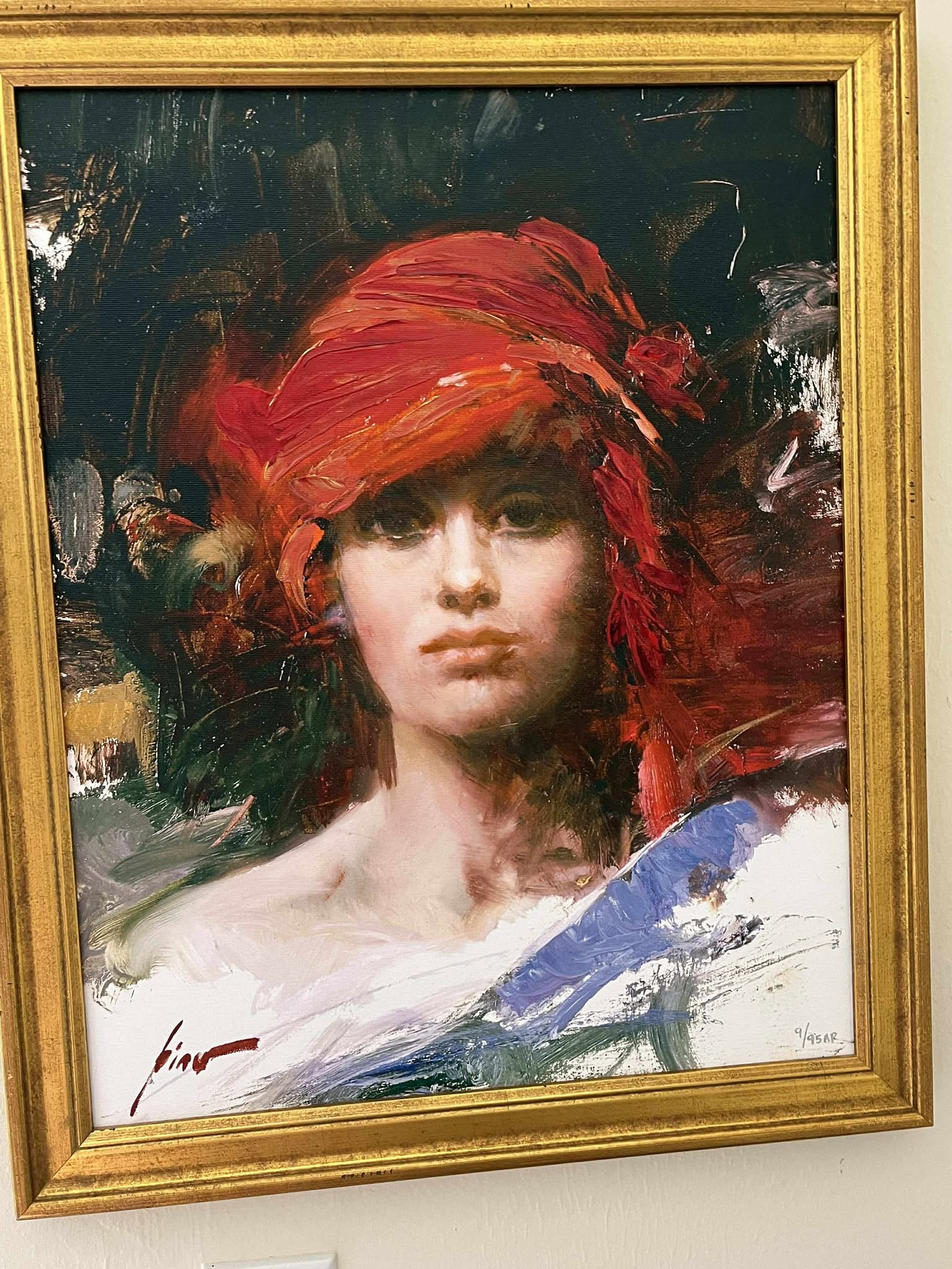 Pino Red Turban: Pino "Red Turban 16" x 20" image size Limited edition hand embellished giclee on canvas. NR