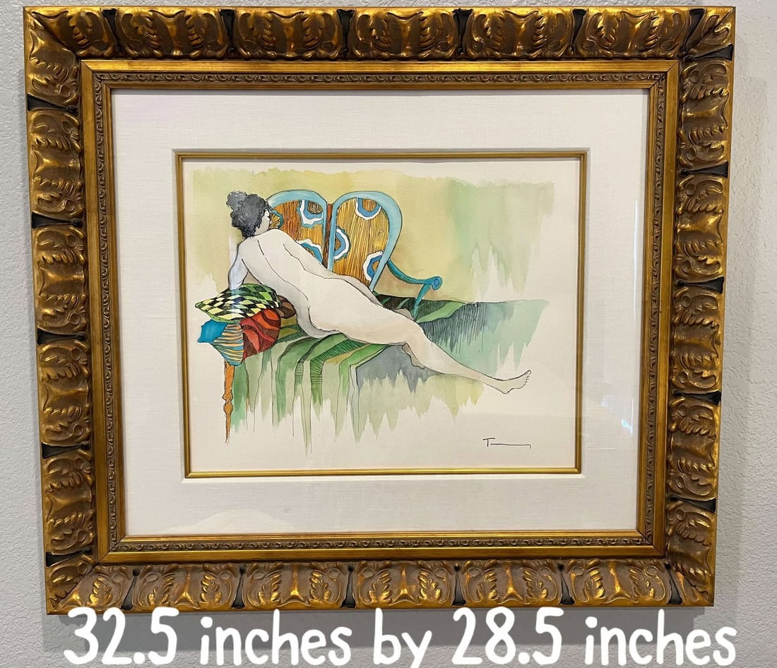 Itzchak Tarkay Hourglass Figure: Itzchak Tarkay "Hourglass Figure" 2006 16" x 20" image size Mixed media with watercolor on wove paper. Signed in ink lower right. A Unique work. Gallery framed, COA, Appraisal. MHG