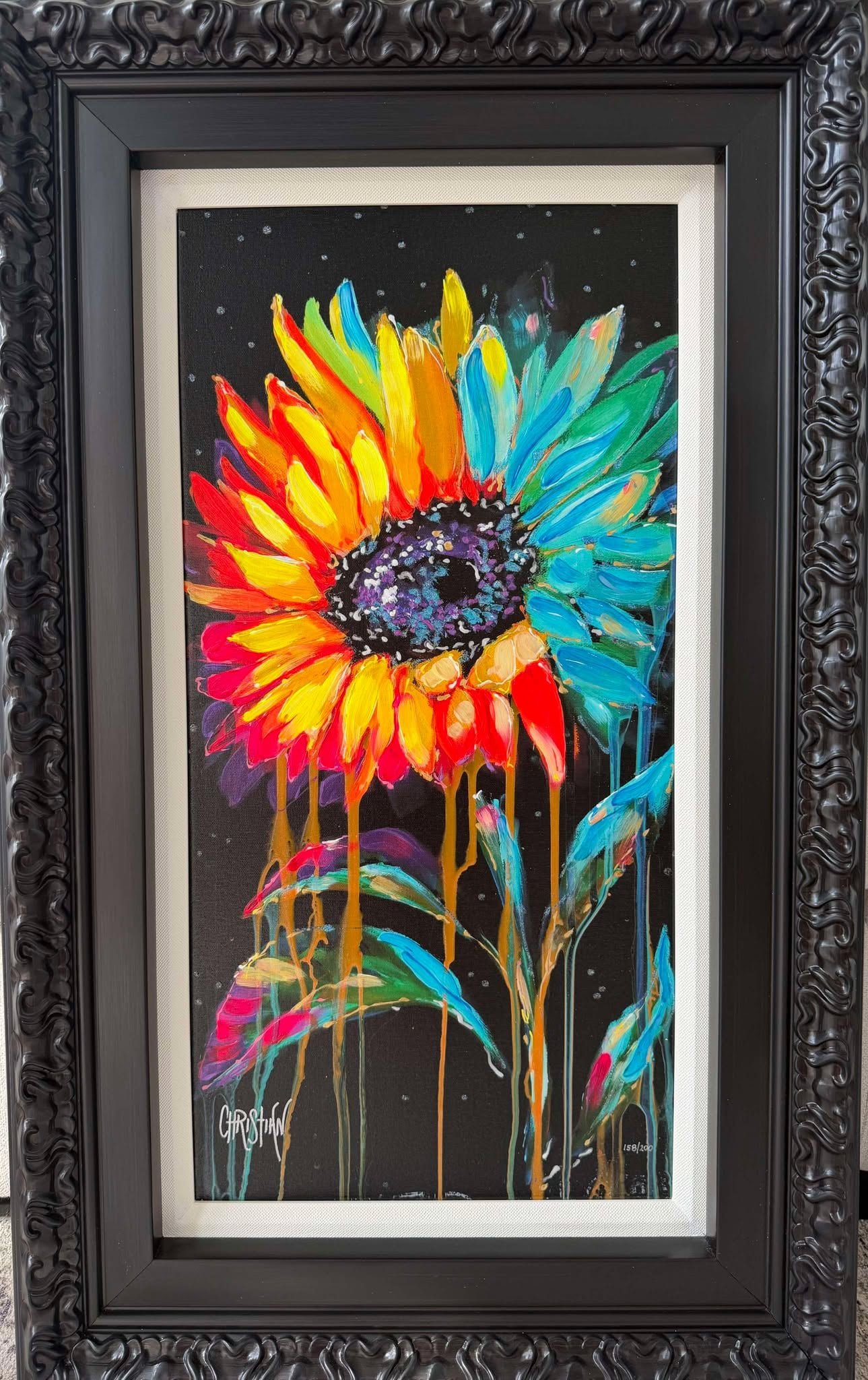 Christian Masot Colorful Bloom: Christian Masot "Colorful Bloom" 2022 24 3/4" x 12 3/8" image size Giclee in color with hand-embellishment on canvas. Hand-signed by the artist. Gallery framed, COA, Appraisal. TMP