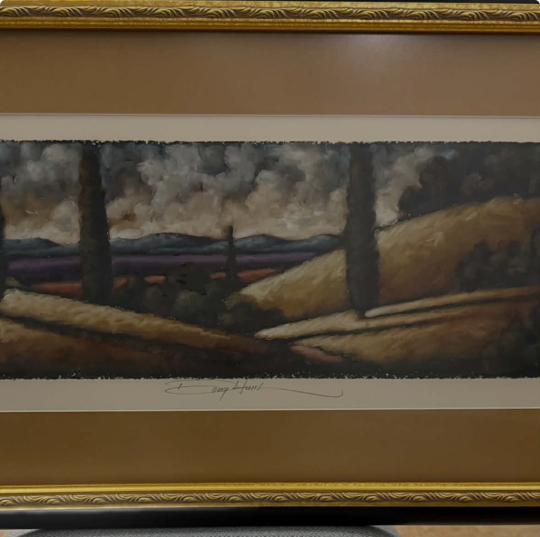 Doug Hunt river bend: Doug Hunt River bend on glass 37" x 19" framed