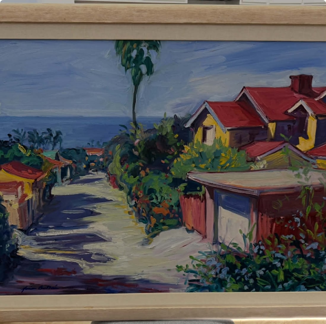 Maria Bertran cottages by sea: Maria Bertran cottages by the sea on canvas 43.5" x 31.5" framed