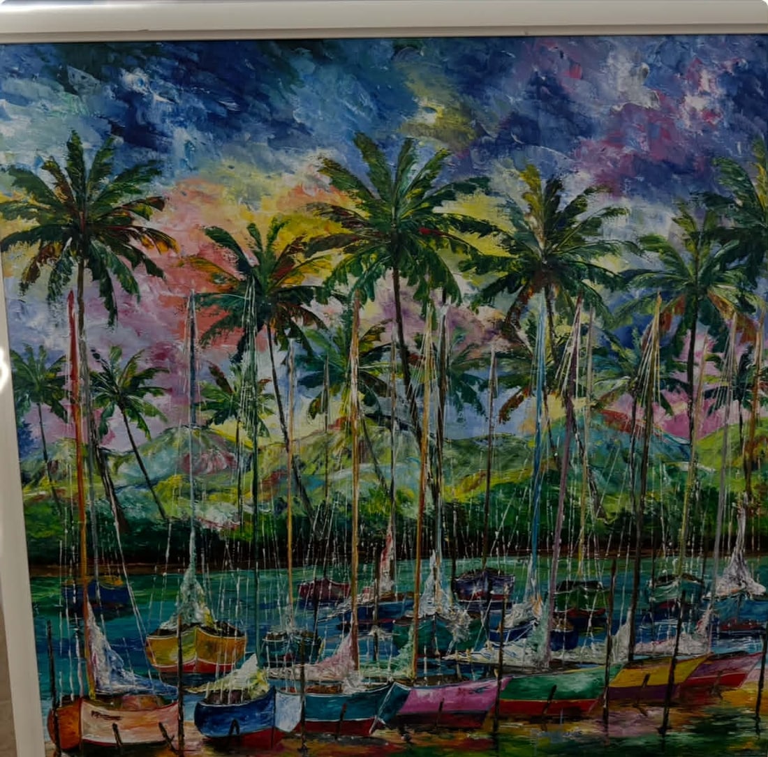 Marcos Larios sail boats and palm trees: Marcos Larios sailboats with palm trees and mountain on canvas. 38.75" x 36.75" framed