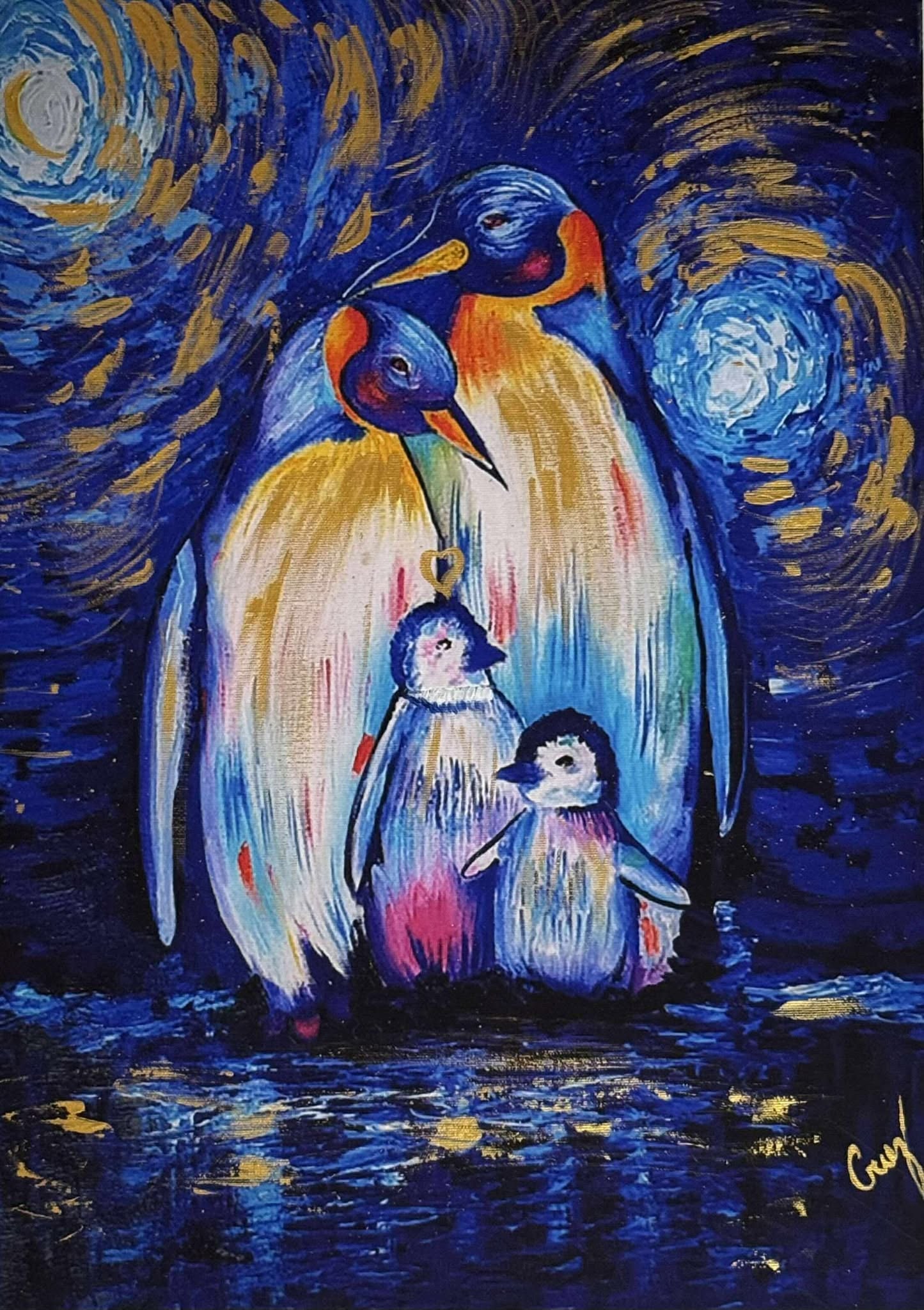 Cruz Penguin family: Cruz Penguin Family Giclee on canvas embellished 14" x 20". Unframed