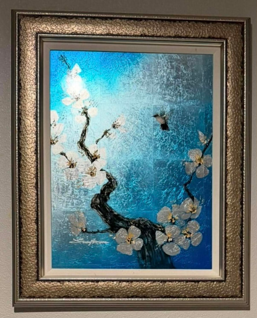 Patrick Guyton Morning Glory (Blue): Patrick Guyton "Morning Glory (Bue)" 22 1/2" x 17" image size Mixed media on aluminum with sized gold on silver leaf veined by hand. Hand-signed in pigment lower left by the artist. A unique work. Gal