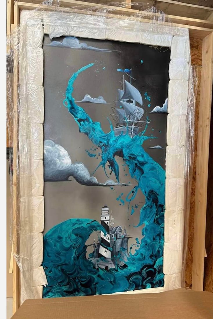 Kre8 Guided by Ambition - Origional: Kre8 "Guided by Ambition" ORIGINAL PUBLISHED piece 2022 72" x 36" image size Acrylic painting on canvas. Hand-signed in pigment by the artist. This work was used as the study of a limited edition