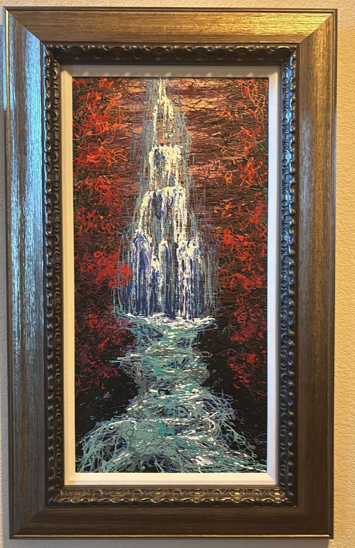 Water Over Copper Stone: Mike Romero "Water Over Copper Stone" 15"x30" (Image size) Acrylic painting on canvas. Hand-signed in pigment lower right by the artist. Signed and titled on verso. A unique work. Gallery framed,