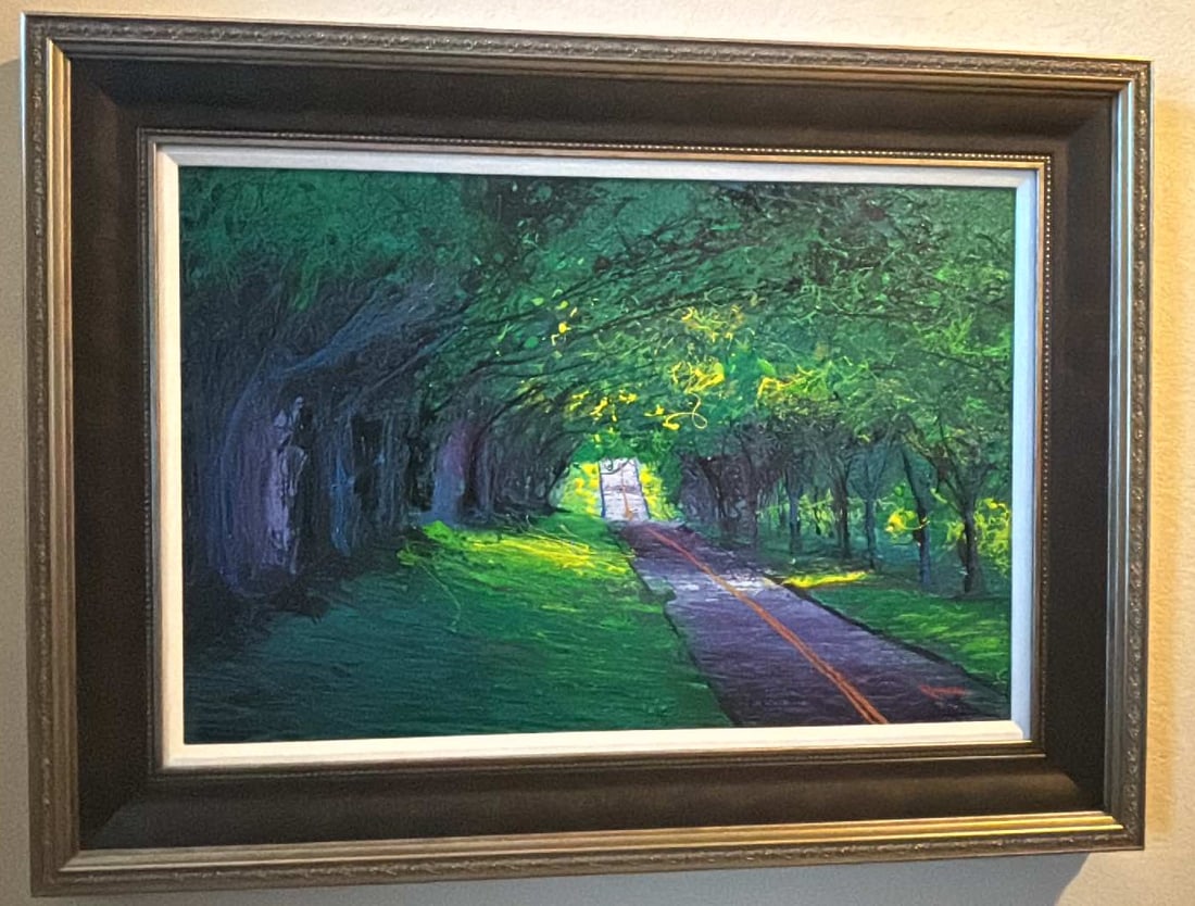 Hometown Drive: MIke Romero "Hometown Drive" 2018 24"x36" (Image size) Acrylic painting on canvas. Hand-signed in pigment lower right by the artist. Signed and titled on verso. A unique work. Gallery framed,