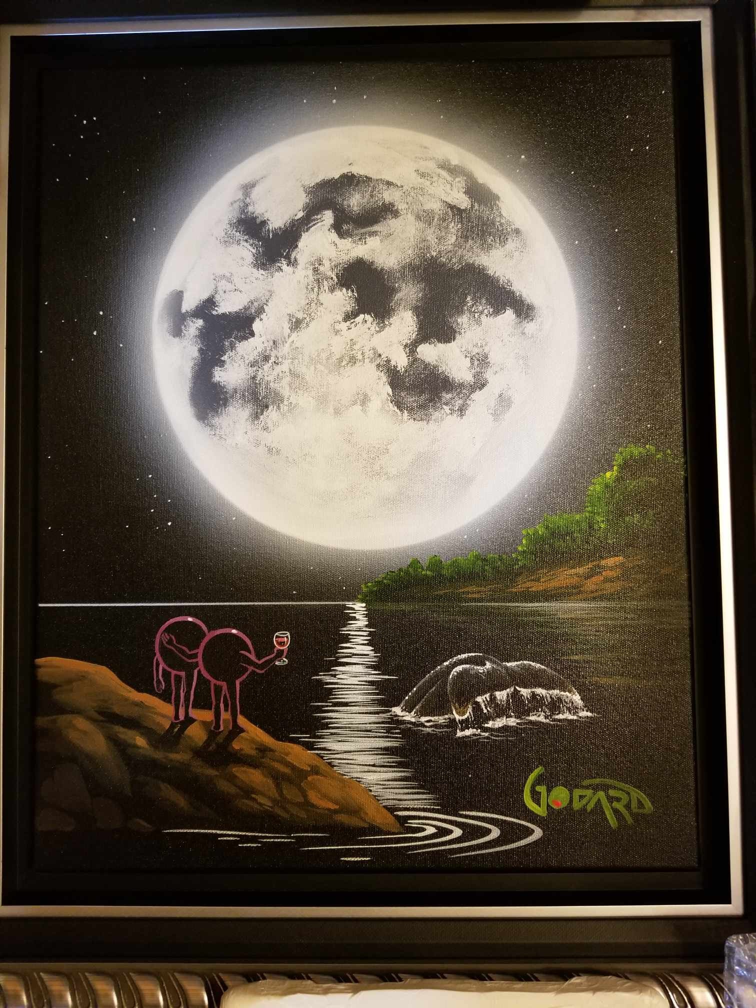 Whale Watchers: Michael Godard "Whale Watchers" 2020 20" x 16" Image size Acrylic painting on canvas. Hand-signed in pigment lower right by the artist. A unique work. Gallery Framed, COA