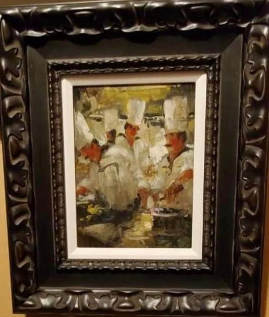 Brothers in Pasta: Stephen Shortridge, " Brothers in Pasta" UNIQUE 2016 12" x 9" image size Oil painting on board. Hand-signed by the artist. Signed and titled on the verso. A unique work. Gallery framed COA