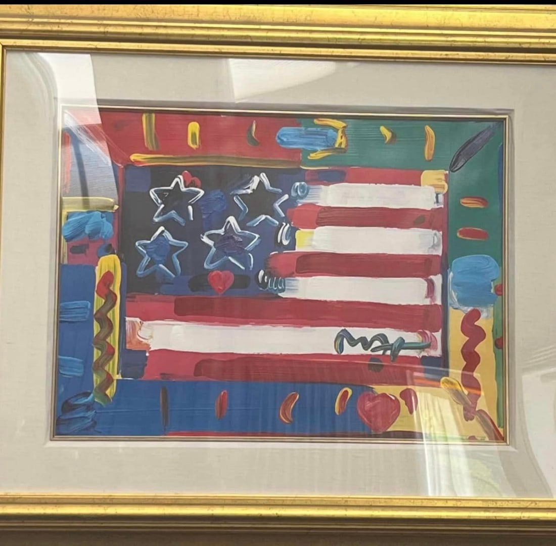 Flag with Heart: Peter Max "Flag with Heart" UNIQUE 18" x 14" image size Mixed Media Painting With acrylic and color lithography on paper Signed in acrylic Gallery framed COA