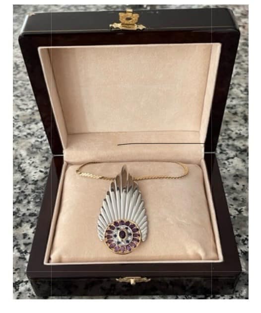 Plune Necklace State XIII: Erte Necklace Roman De Tirtoft "Plune Necklace State XIII" C.1903 Necklace with gold, diaronds, sapphires, anethyste and sterling silver as indicative of the thirteenth state. Signed in the