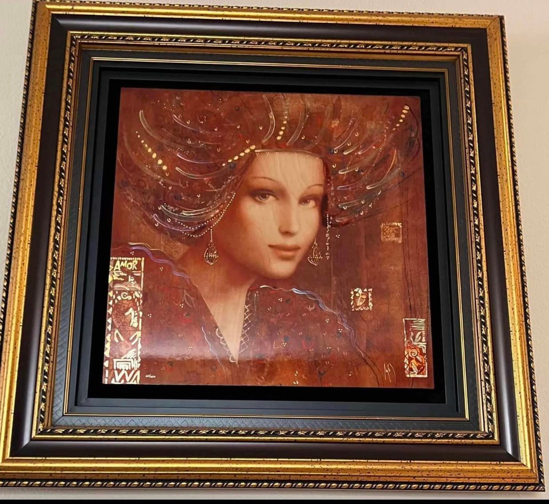 Pure Love: Csaba Markus " Pure Love" 2016 16 3/8'' x 20" image size Caldograph (digital multiple through dye-sublimation on wood) with hand-embellishments using a variety of gold leafs and acrylic paints