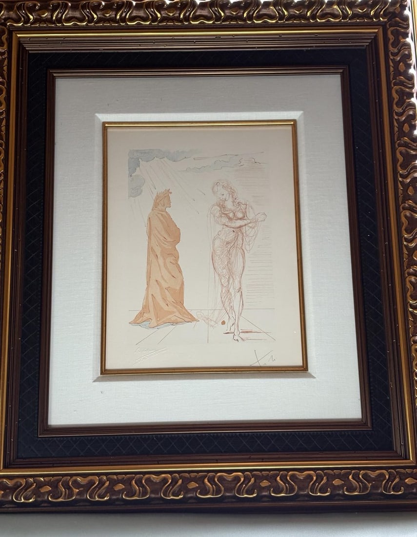 Salvador Dali Divine Comedy - Inferno 2 Virgil Comforts Dante: Salvador Dali "Divine Comedy - Inferno 2" 1959-1963 13" x 10 3/8 image size Virgil Comforts Dante (Virgile reconforte Dante) " I was among those biding in suspense, whe hailed me a dame, so blessed an