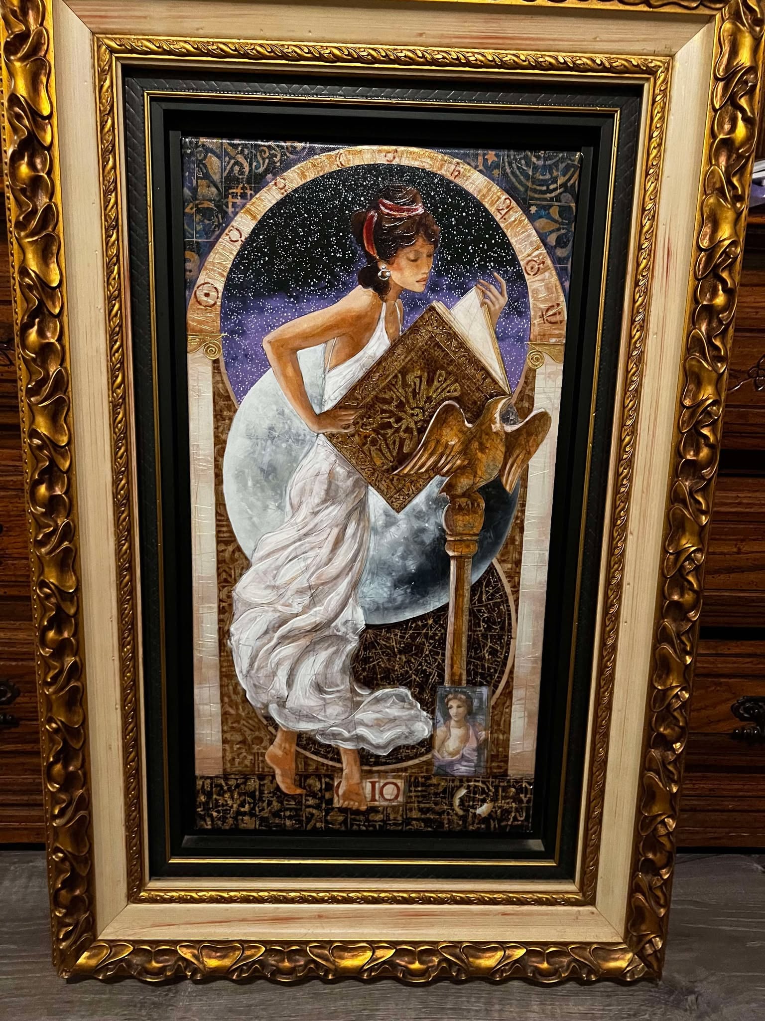 Peter Nixon Clio - Moon: Peter Nixon "Clio - Moon" 2014 26 13/16" x 14 1/16" image size Hand embellished giclee on canvas. Hand-signed in ink lowerr right by the artist. Gallery framed, COA, Appraisal