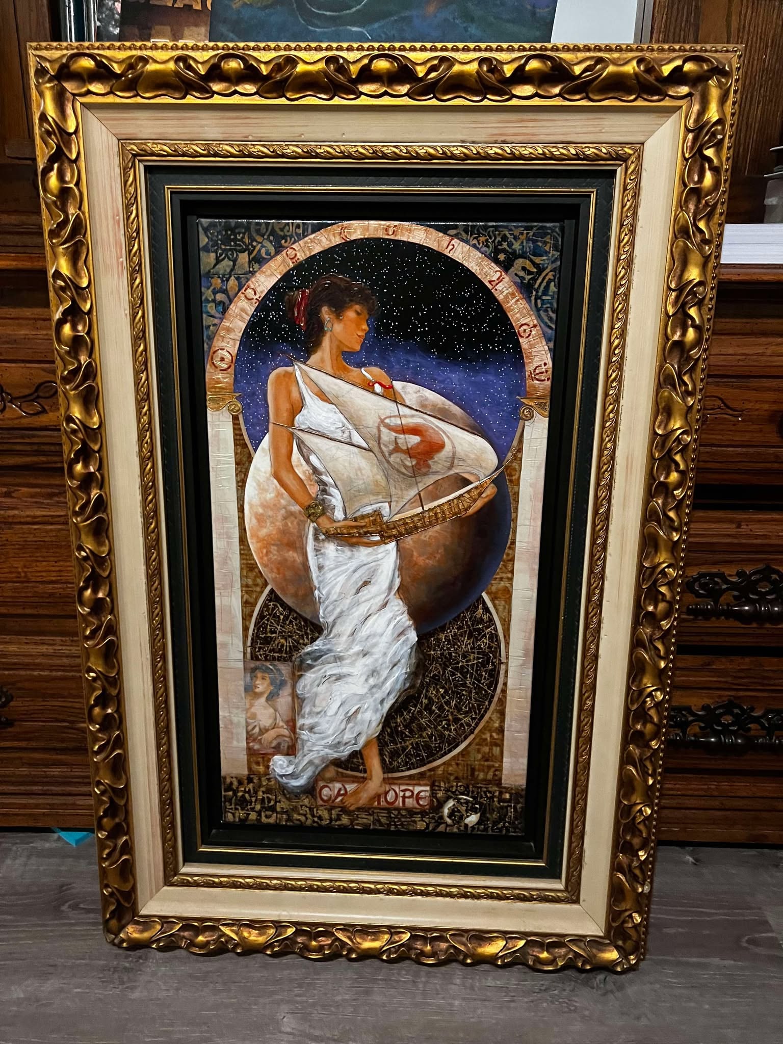 Peter Nixon Calliope - Mercury: Peter Nixon " Calliope - Mercury" 2014 26 13/16" x 14 1/16" image size Hand embellished giclee on canvas. Hand-signed in ink lowerr right by the artist. Gallery framed, COA, Appraisal