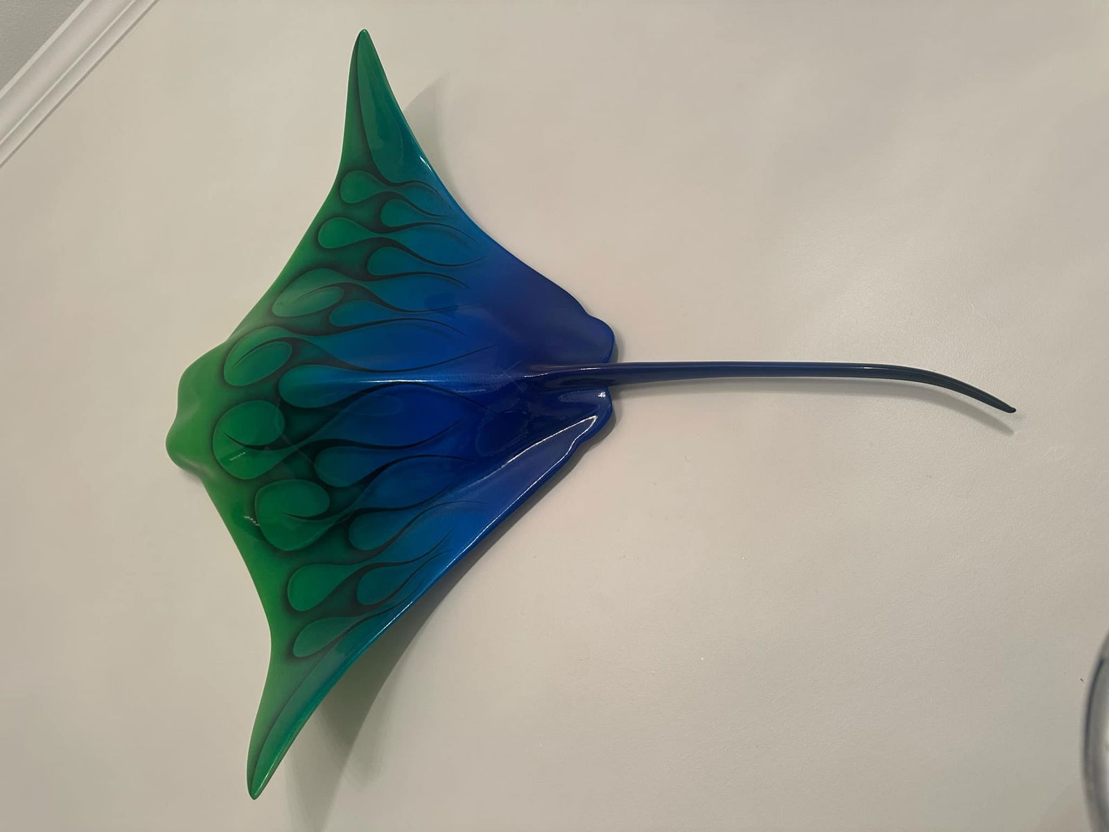 Cris Woloszak Green and Blue Devil Shark: Cris Woloszak "Green and Blue Devil Shark" 2019 33 1/2" x 39 1/4" x 6 1/8" Candy-color paint, urethane, and enamel sculpture on fiberglass. Hand-signed in pigment lower center by the artist. A unique