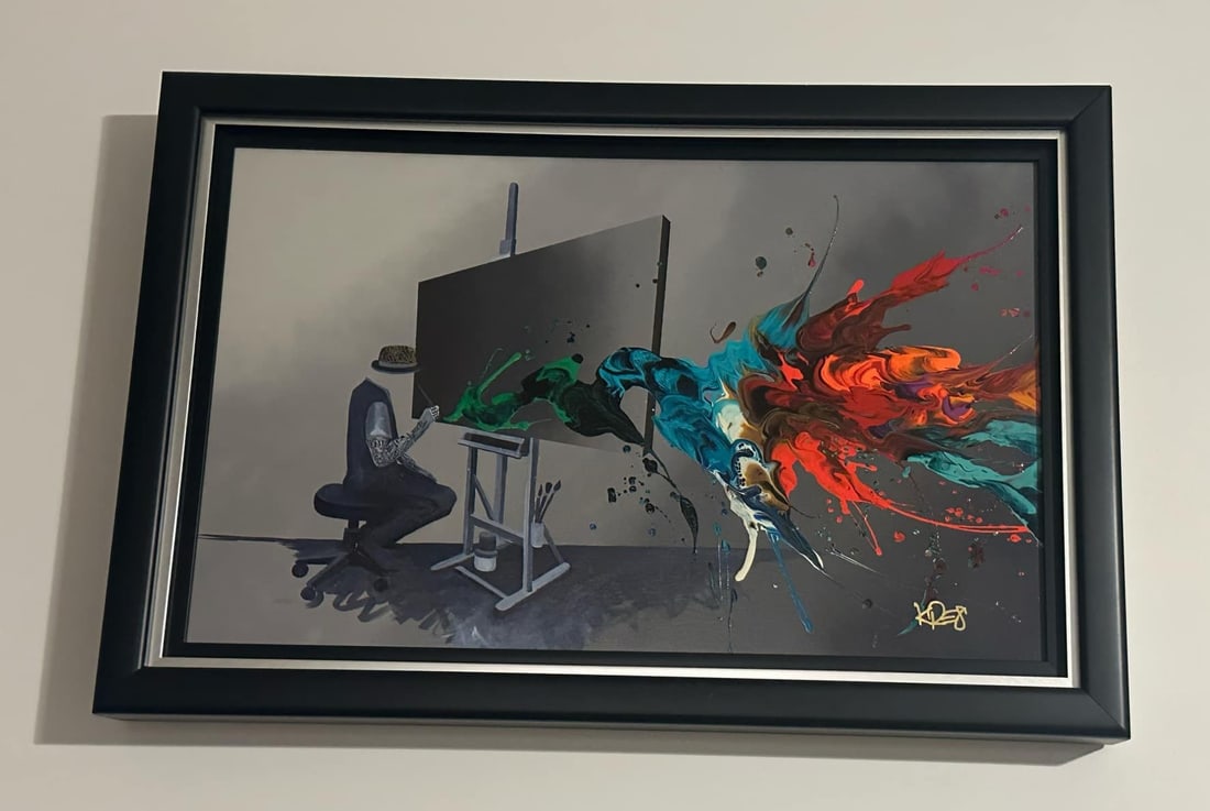 Kre8 Becoming Timeless: Kre8 "Becoming Timeless 2021 17 1/2" x 28" image size Giclee in color with hand-embellishment on canvas. Hand-signed by the artist. Gallery framed, Appraisal