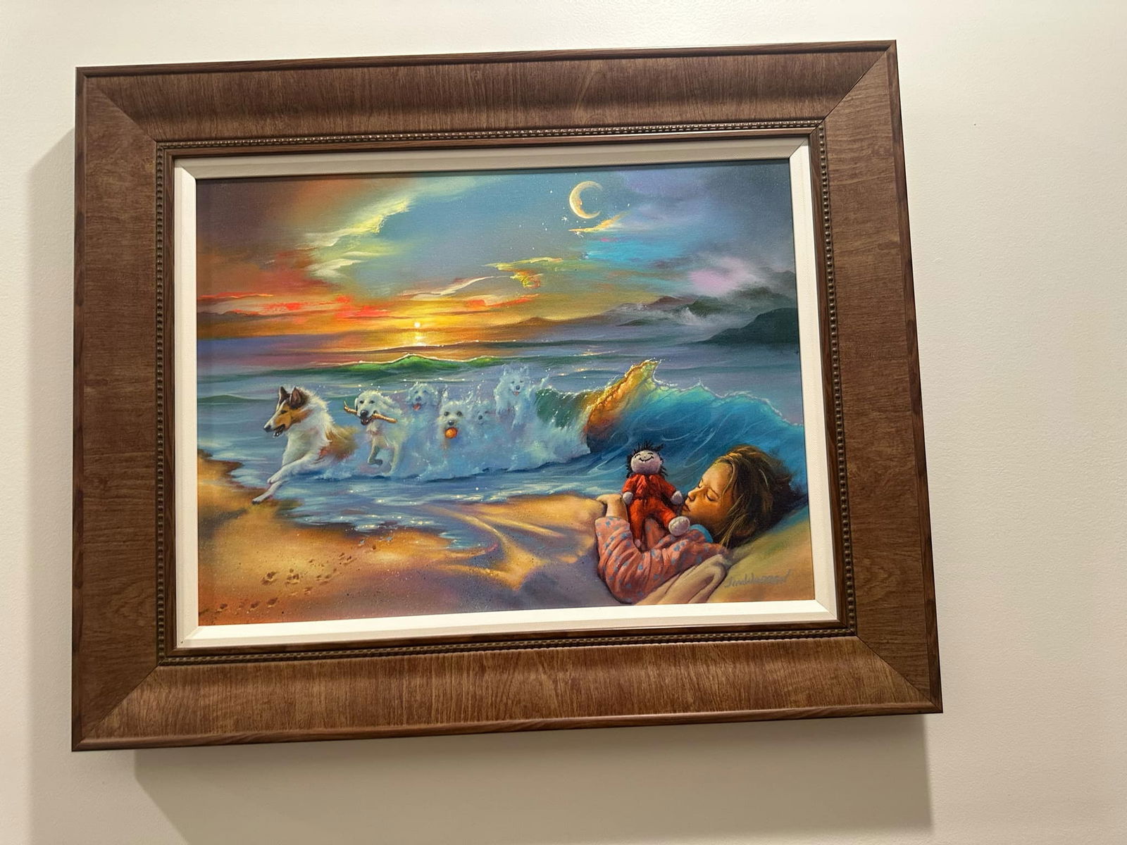 Jim Warren Dog Dreams: Jim Warren "Dog Dreams" 2019 17 3/4" x 23 5/8" image size Giclee in color on canvas. Hand-signed by the artist. Gallery framed, Appraisal