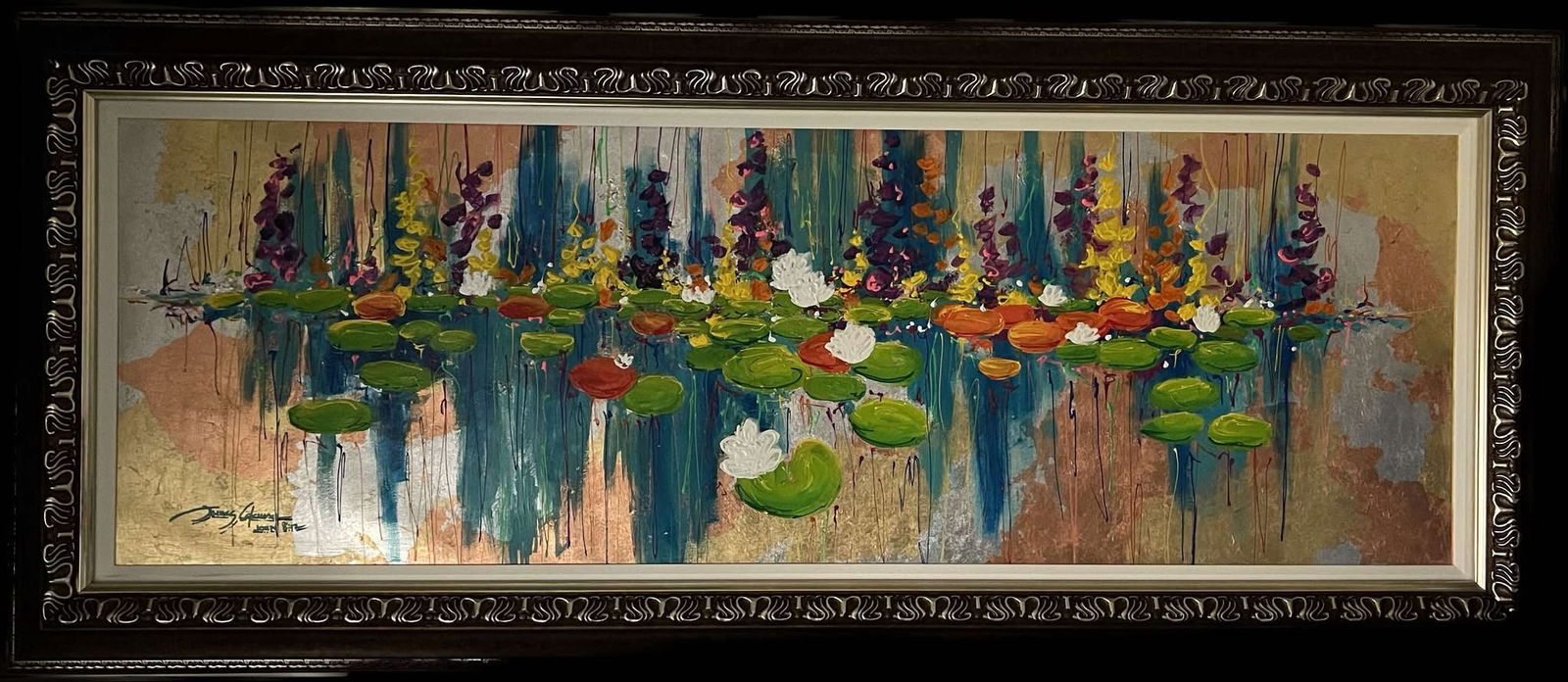 James Coleman Pond of Reflection: James Coleman "Pond of Reflection" 2020 20" x 60" image size Mixed media with acrylic painting and gold, silver and copper leafing on canvas. Hand-signed in pigment lower left by the artist. Signed