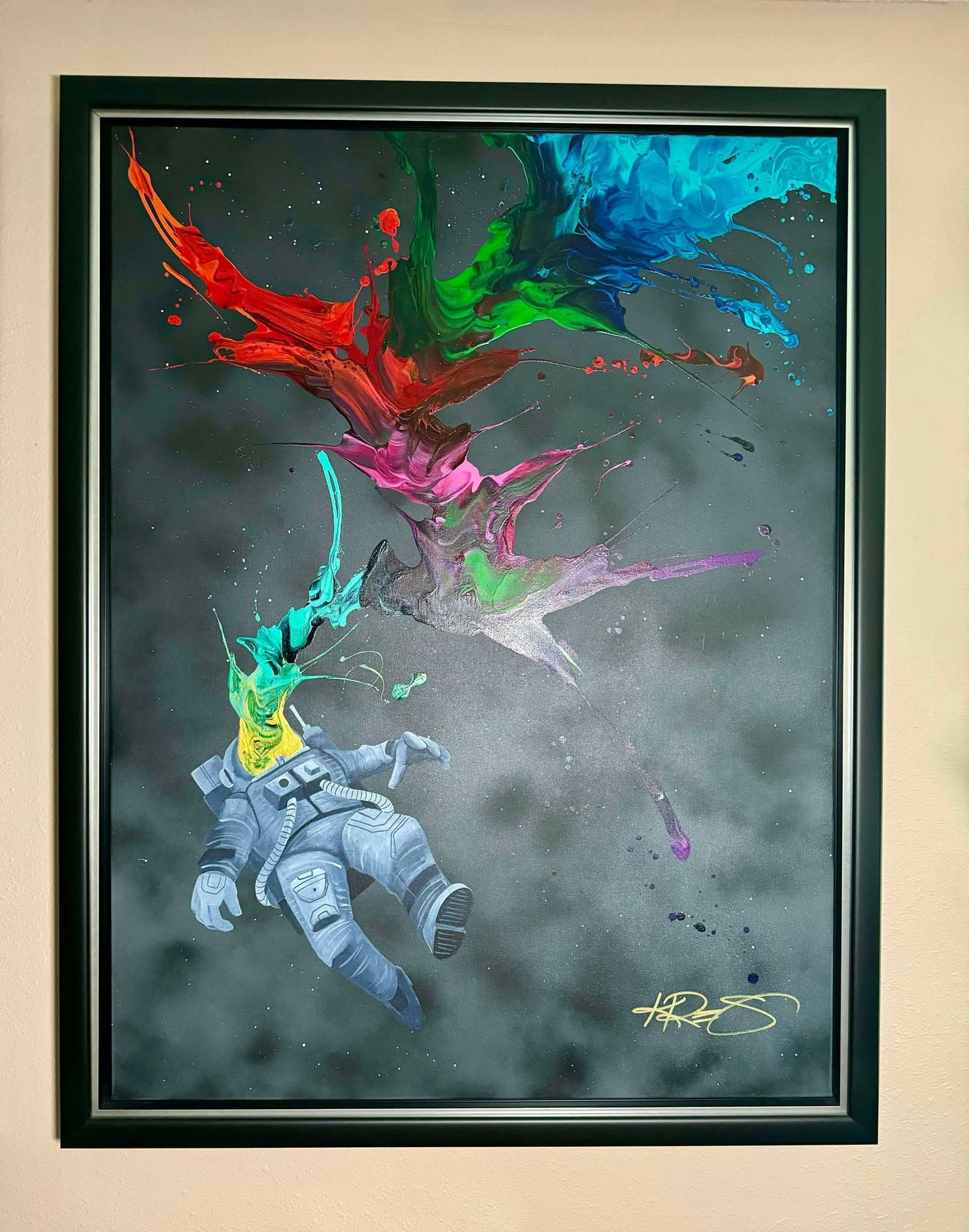 Kre8 Falling for You: Kre8 "Falling for You" 2019 48" x 36" image size Acrylic Painting on canvas. Hand-signed in ink lower right by the artist. A Unique work gallery framed, COA, Appraisal