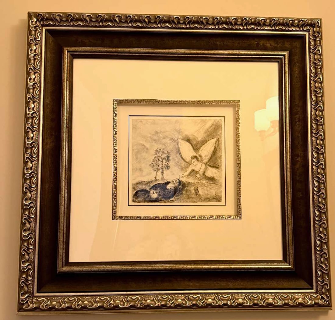 Marc Chagall Elie touche par un ange (Elijah Touched by an Angel): Marc Chagall "Elie touche par un ange (Elijah Touched by an Angel)" 1931-1939 10 1/8" x 10 3/4" image size etching on Montval paper. Signed in the plate, upper left. Gallery framed, COA, Appraisal.