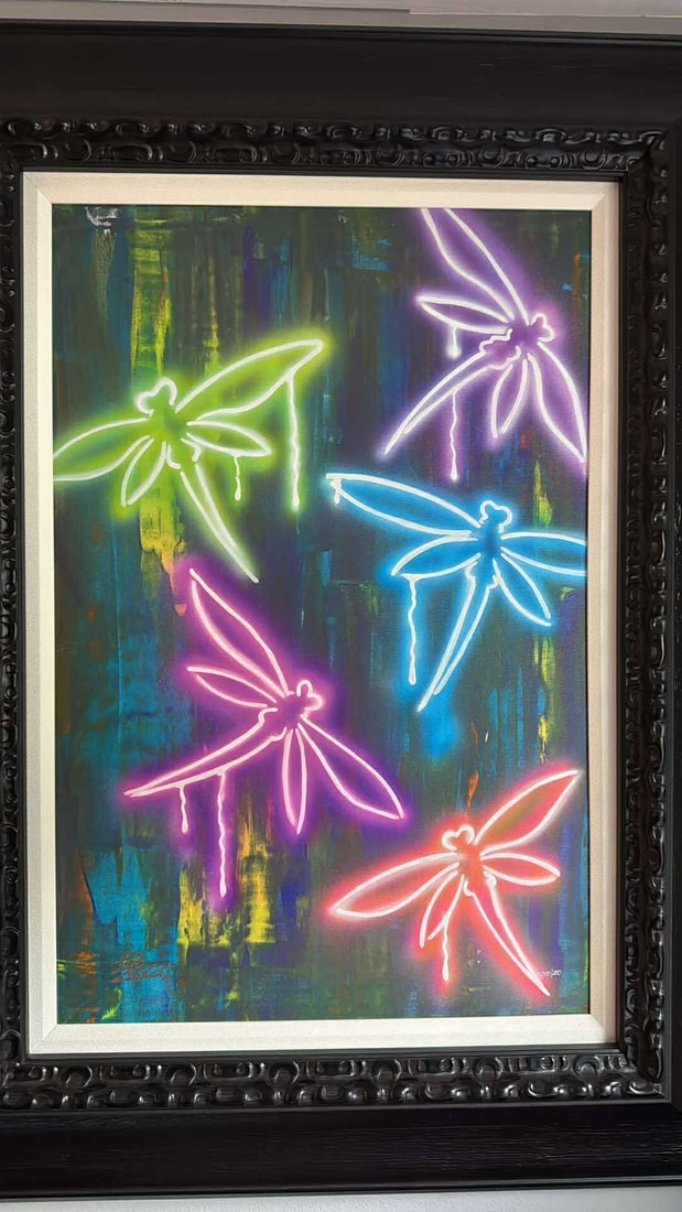 Ziggy Dragonflies: Ziggy "Dragonflies" 2023 24" x 16" image size Giclee in color with hand-embellishment on canvas. Hand-signed by the artist. Gallery framed, COA, Appraisal. SG