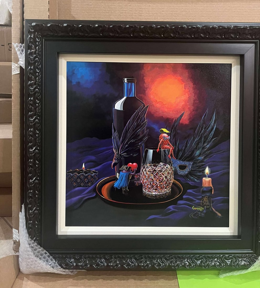 Michael Godard Masked Lovers: Michael Godard "Masked Lovers" 2023 19" x 19" image size Giclee in color with hand-embellishment on canvas. Hand-signed by the artist. Gallery framed, COA, Appraisal.