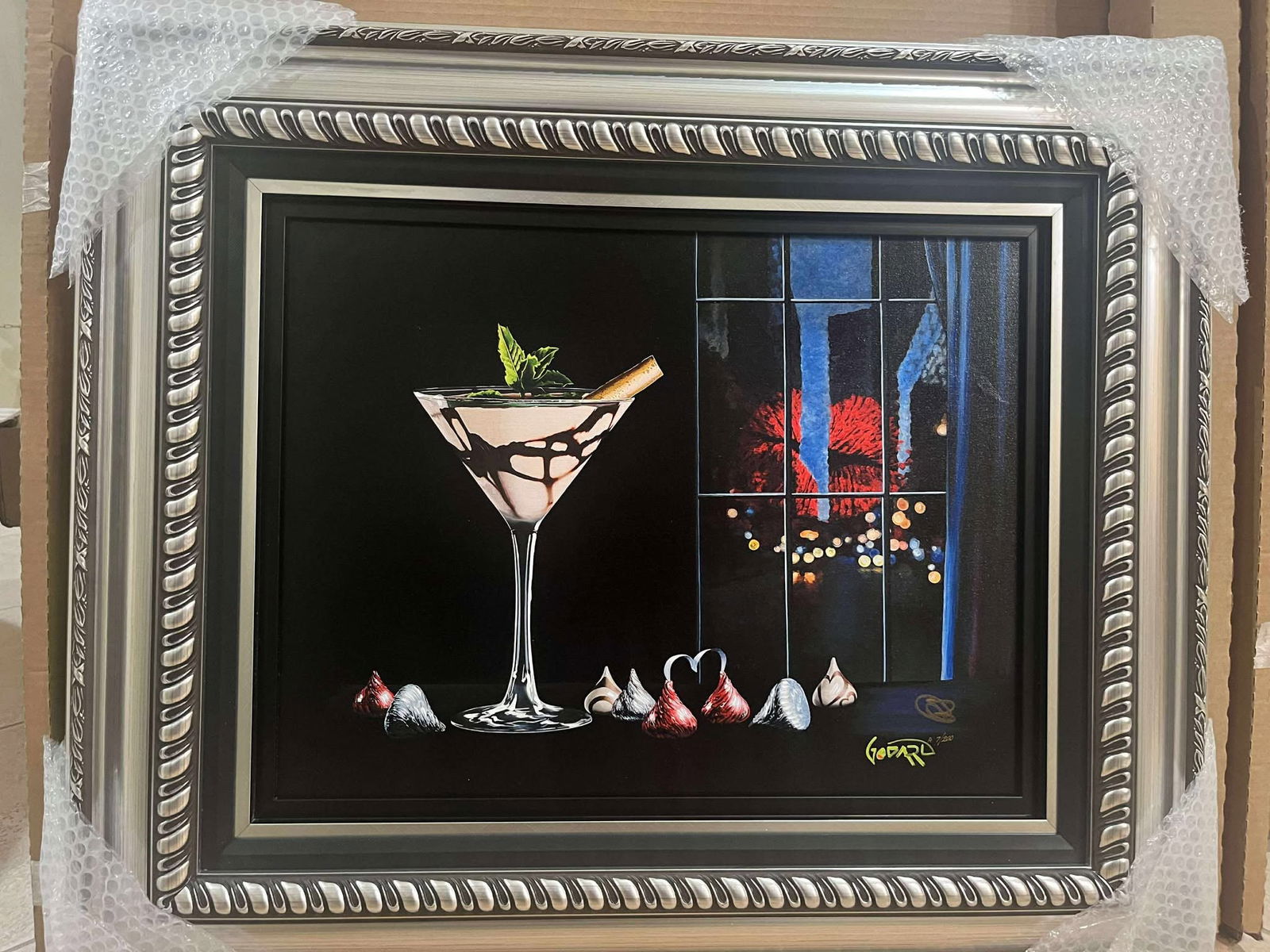 Michael Godard Kiss Me: Michael Godard "Kiss Me" 2023 16 7/8" x 22" image size Giclee in color with hand embellishment on canvas. Hand-signed by the artist. Gallery framed, COA, Appraisal