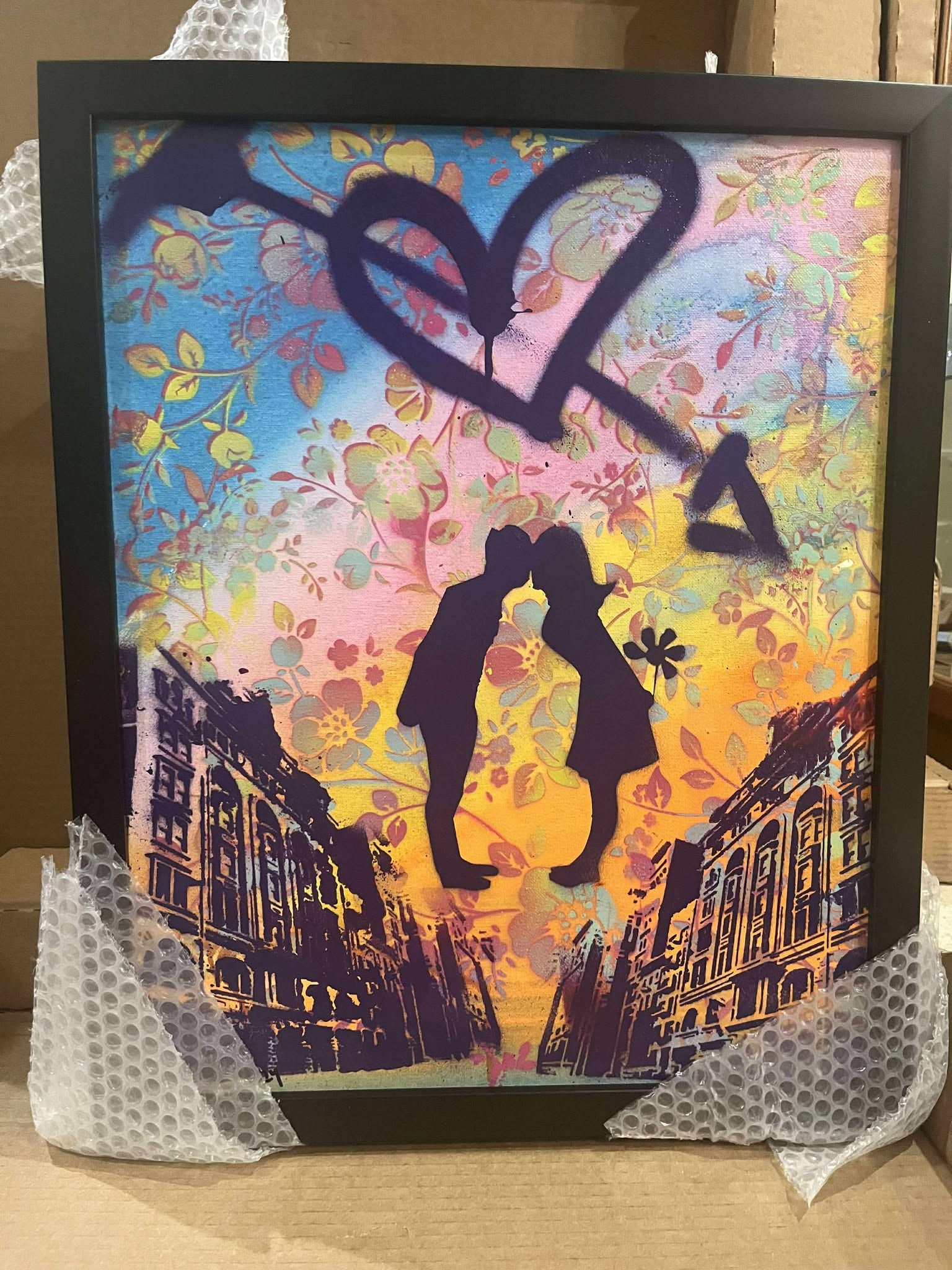 Miguel Paredes City Whisper: Miguel Paredes "City Whisper" 2023 20" x 16" image size Aerosol and actylic painting on canvas. Hand signed in pigment by the artist, lower left. A Unique work. Gallery framed, COA, Appraisal.