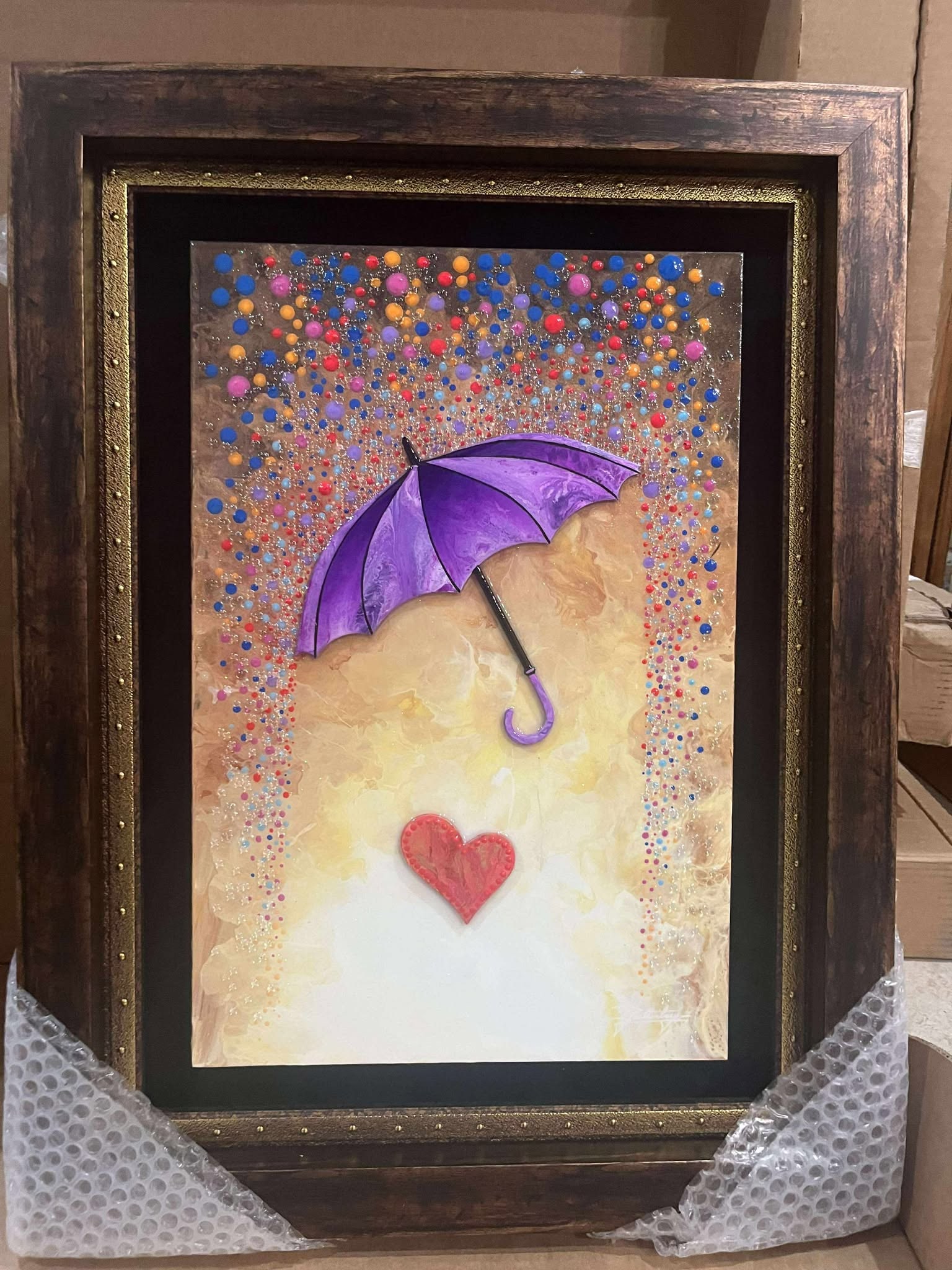 Jon Rattenbury Protecting my Heart: Jon Rattenbury "Protecting My Heart" 2024 18" x 12 " image size Dimensional mixed-media painting on aluminum. Hand-signed in pigment by the artist, lower right A Unique work. Gallery framed, COA,