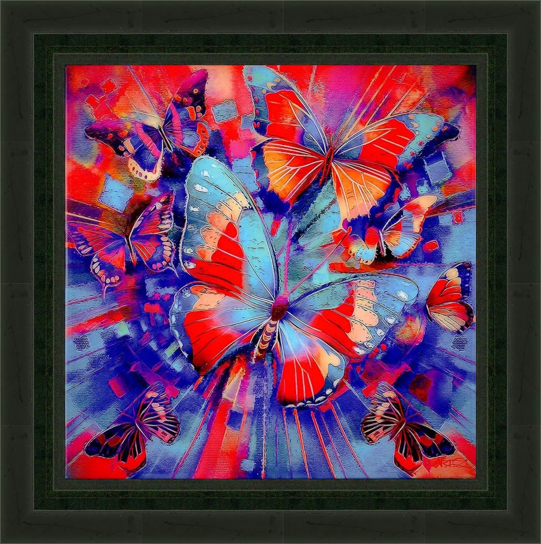OZ Butterfly Dream: OZ "Butterfly Dream" Unique 15" x 15" image size Mixed media painting on canvas. Hand-signed in pigment lower right by the artist. A Unique Variation. Gallery framed, COA, appraisal. GD