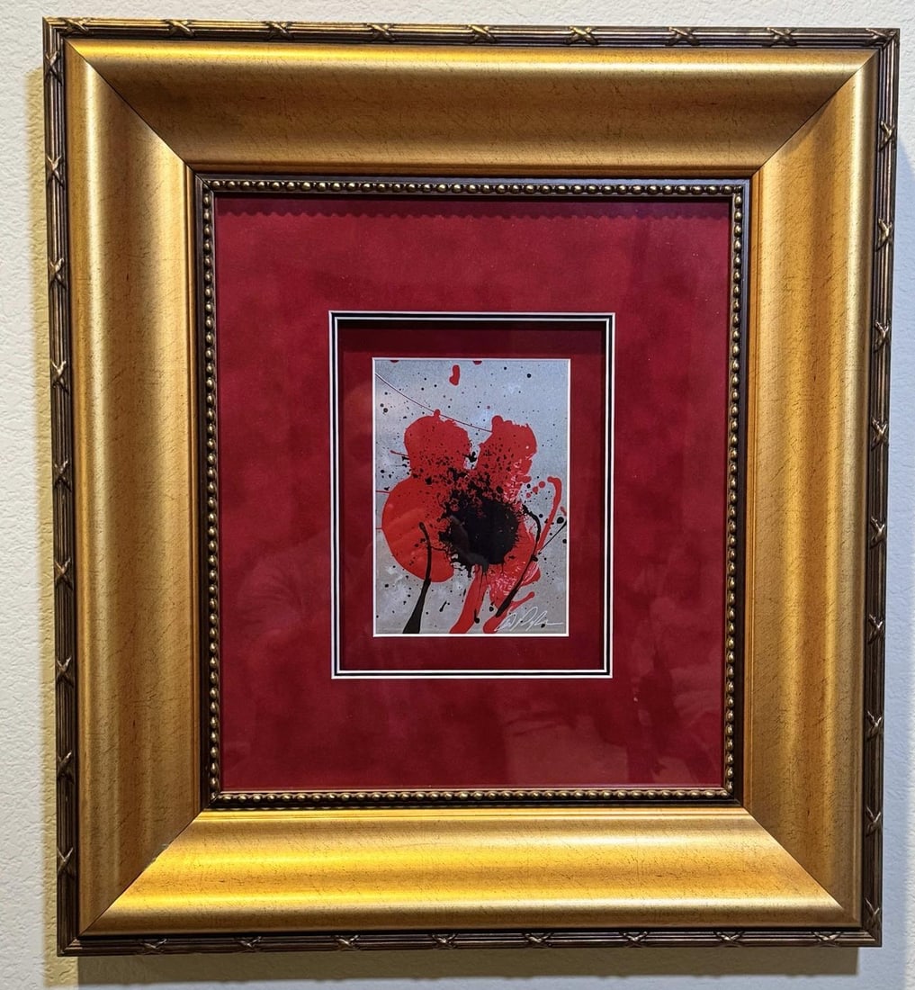 Dominic Pangborn Poppy Groove LXXVI unique: Dominic Pangborn "Poppy Groove LXXVI" 2013 7" x 5" image size Oil enamel painting on aluminum. Hand-signed in ink lower right by the artist. A unique work. Gallery framed, COA, Appraisal MJ