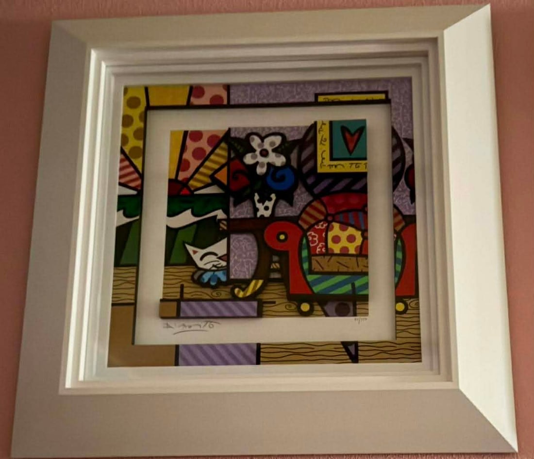Romero Britto Still Life: Romero Britto "Still Life" 2015 18" x 18" image size Three-dimensional serigraphy construction in color with hand-applied glitter and cut-outs in serigraphy. Hand-signed in pencil by the artist. Galle