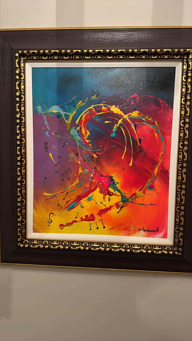 Jim Warren Modern Love: Jim Warren "Modern Love" 2021 24" x 20" image size Acrylic painting on canvas. Hand-signed in pigment lower right by the artist. Gallery framed, COA, Appraisal. BS