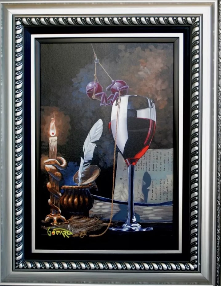 Grape Alchemy: Michael Godard "Grape Alchemy" 2022, 23 1/4" x 15 1/2" (Image size) Giclee in color with hand-embellishment on canvas. Hand-signed by the artist