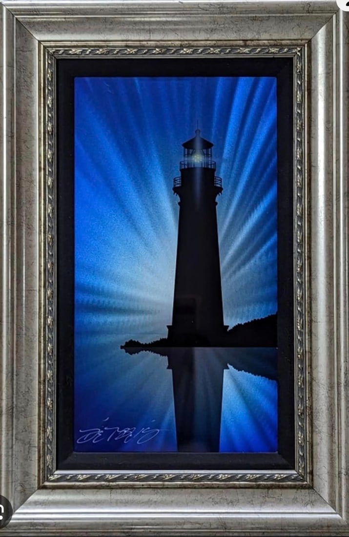 The Lighthouse (Unique): Chris De Ruben's "The Lighthouse" UNIQUE 2015 18" x 10" image size Mixed media on aluminum including air-brush painting and ground surfaces . Hand-signed in pigment by the artist, A unique work.