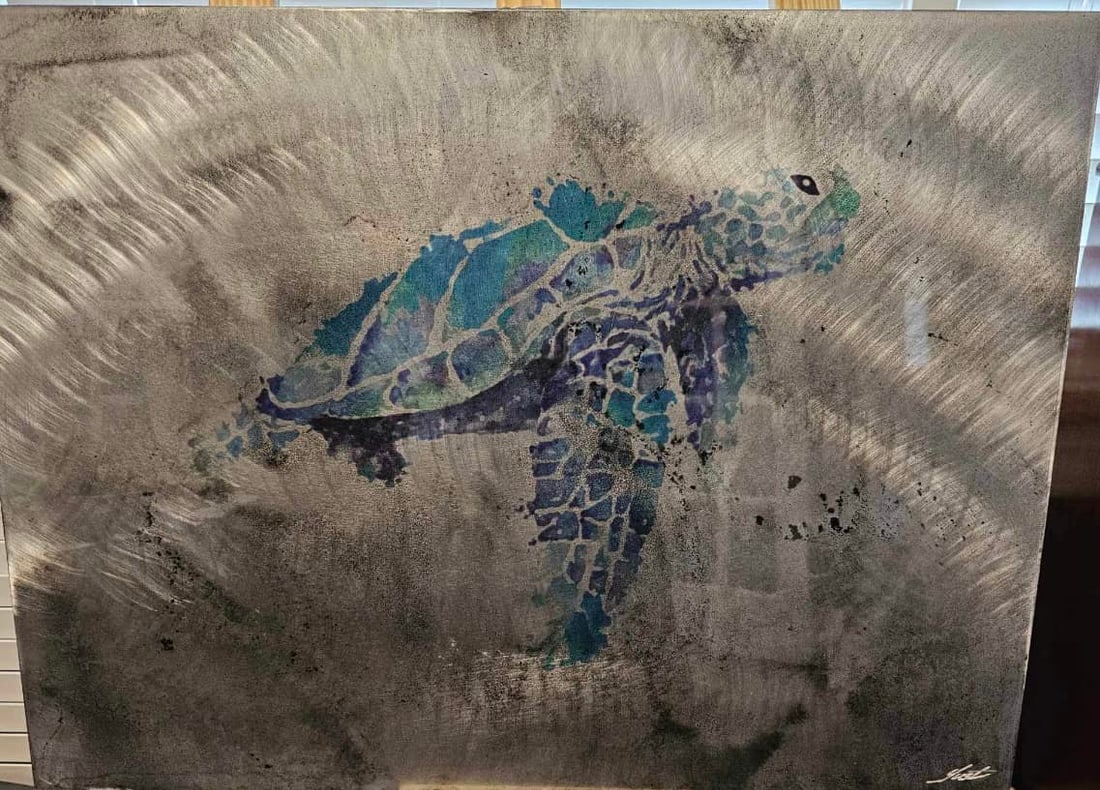 Turtle: Nicholas Yust "Turtle" UNIQUE 2022 18" x 24" image size Painting in aluminum. Engrave signature lower right by the artist. Signed, titled and dated on the verso