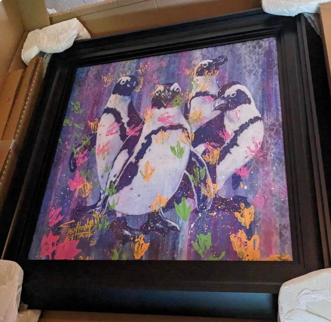 Fishwick Penguins: Fishwick "Penguins" UNIQUE 2023 29 3/4" x 29 3/4" image size Giclee in color on canvas.Gallery framed COA