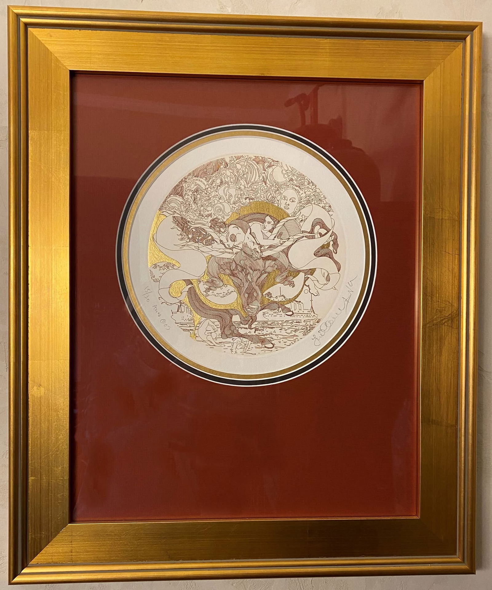 Guillaume Azoulay Aries: Guillaume Azoulay "Aries" 21" x 25" framed etching embellished with hand applied gold leaf, hand signed and numbered. COA NSC
