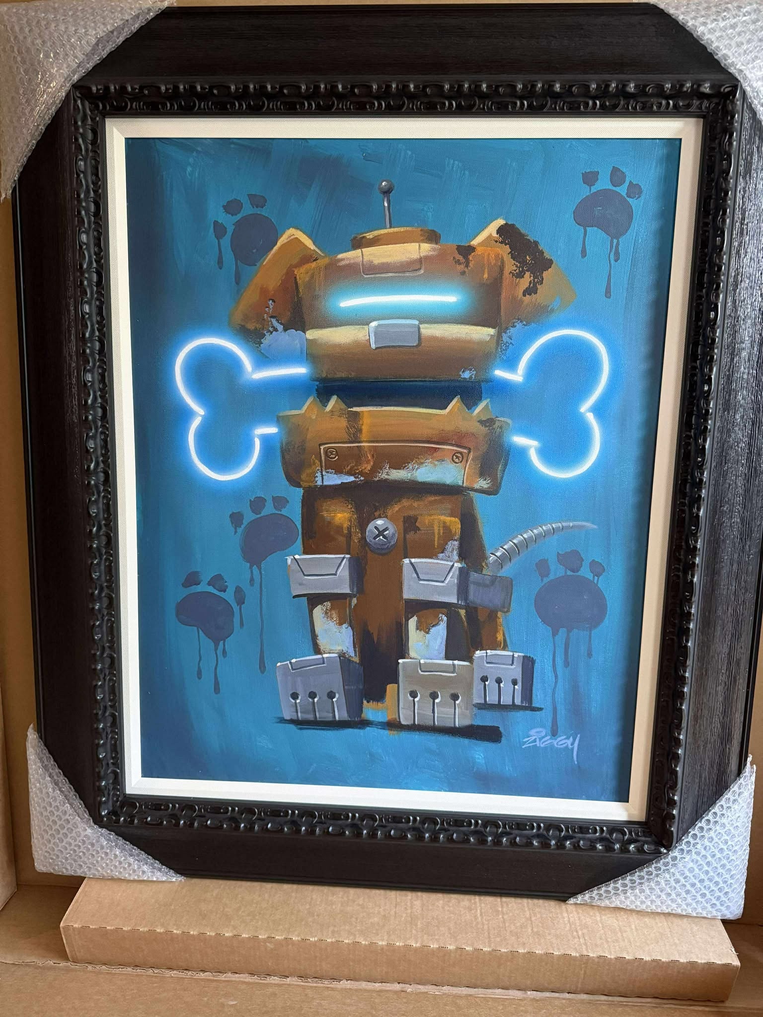 Ziggy Give'n a Dog a Bone: Ziggy "Give'n a Dog a Bone" 2023 40 1/2" x 33" framed acrylic painting on canvas. Unique Gallery framed, COA, Appraisal. DT