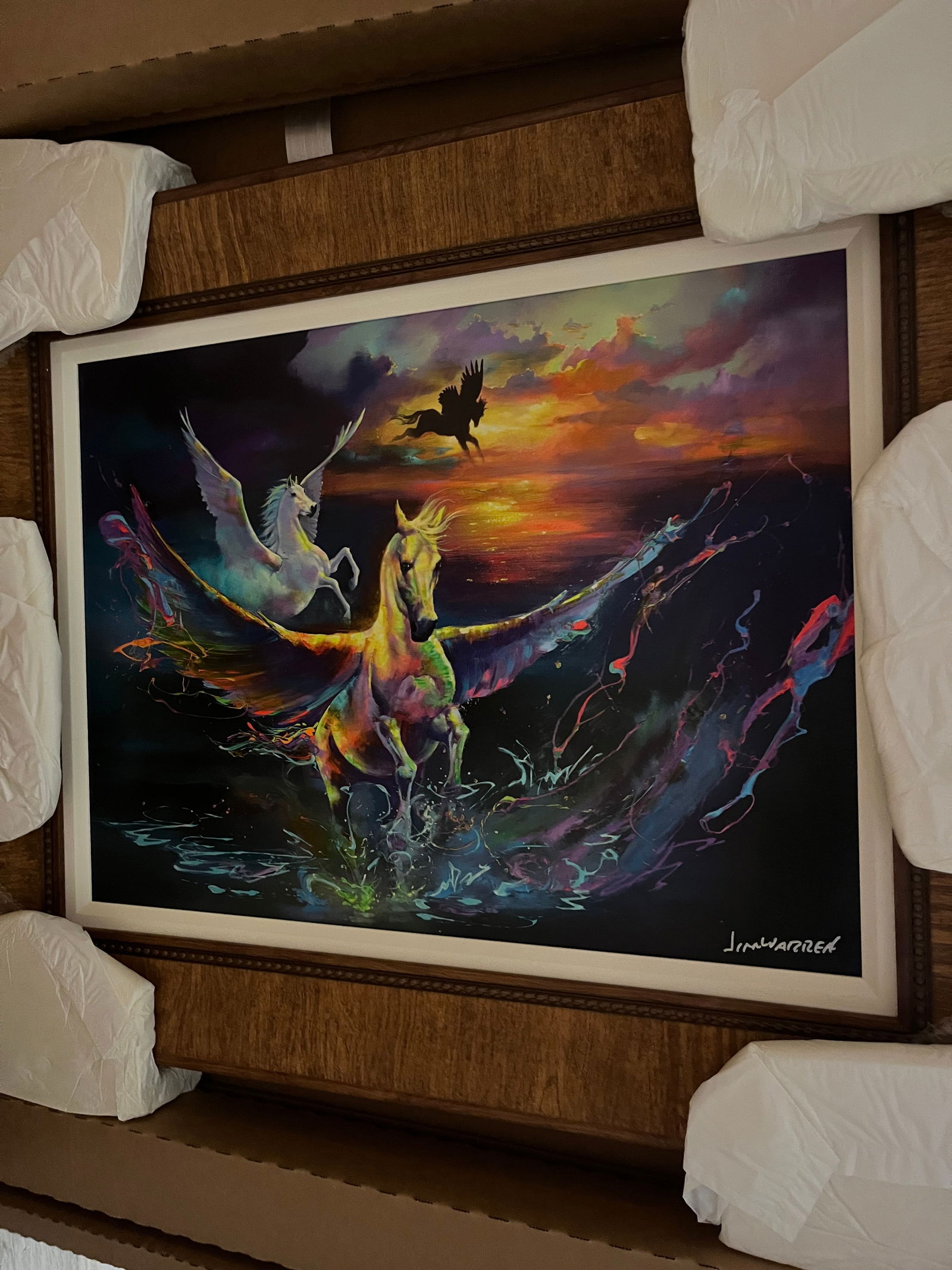 Jim Warren Wonderful World of Pegasus: Jim Warren "Wonderful World of Pegasus 2022 17 1/4" x 32" image size Giclee in color with hand-embellishment on canvas. Hand-signed by the artist. Gallery framed, COA, Appraisal WC