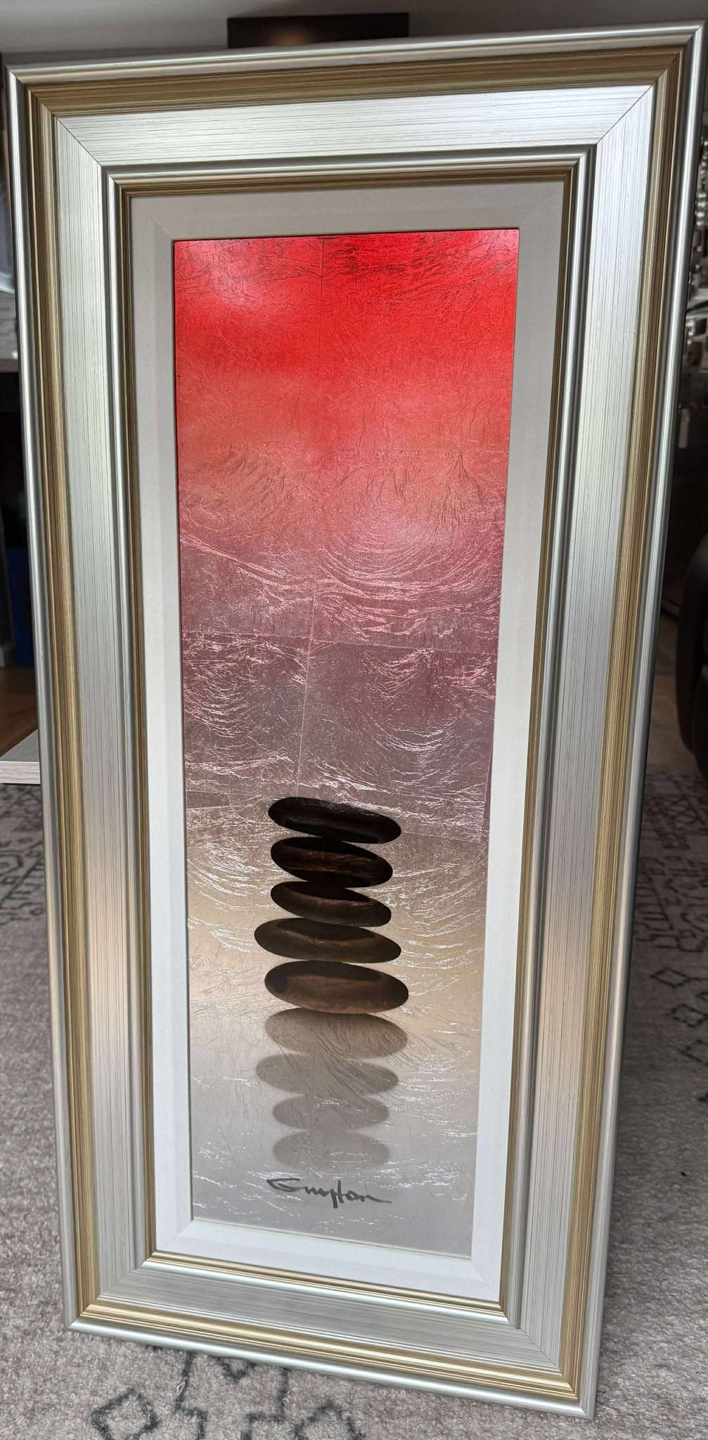 Patrick Guton Zen Rocks , vers 235 (red): Patrick Guyton "Zen Rocks, Vers. 235 (Red)" 2013 30" x 9 1/2" image size Mixed media on aluminum with sized gold or silver lead, veined by hand. Hand-signed in pigment lower center by the artist. A