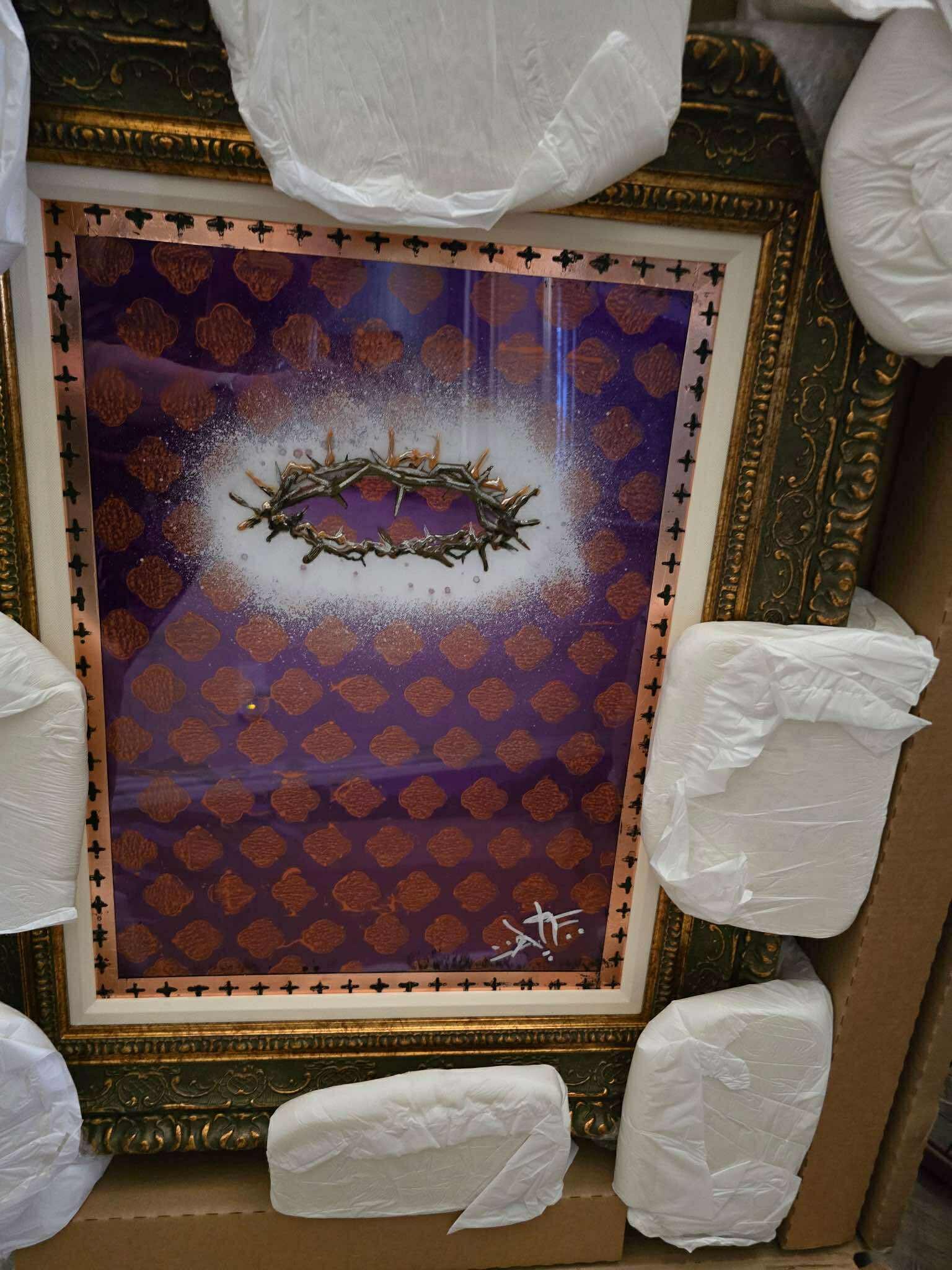 Autum De Forest Crown of Thorns Small Unique: Autumn Deforest "Crown of Thorns" Small Unique 2024 24" x 17 7/8" image size Mixed media painting on canvas. Hand-signed in pigment by the artist. A unique work. Gallery framed, COA, Appraisal. PF